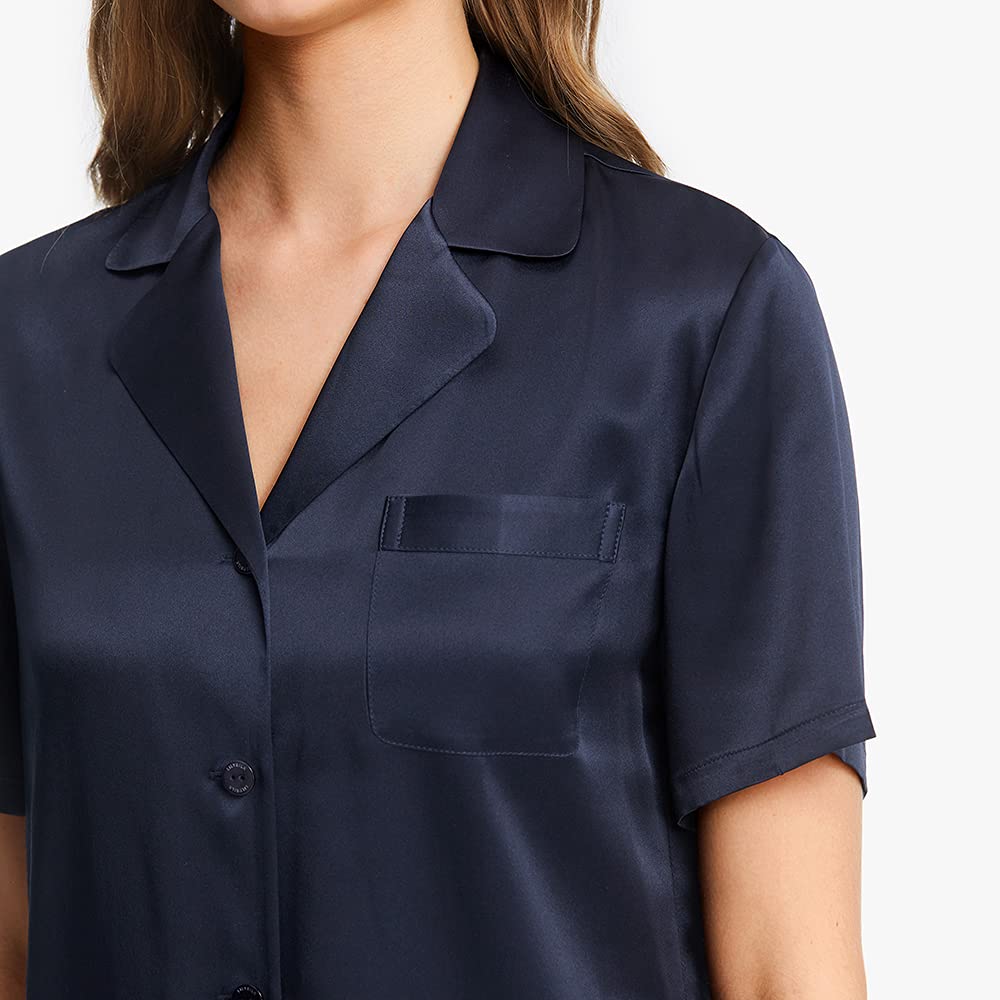 LilySilk Women's 100% Mulberry Silk Pajama Set - 19 Momme Short Sleeve Button Down Sleepwear | Soft & Breathable Two Piece Pajamas for Women | Perfect for Lounge, Sleep & Travel