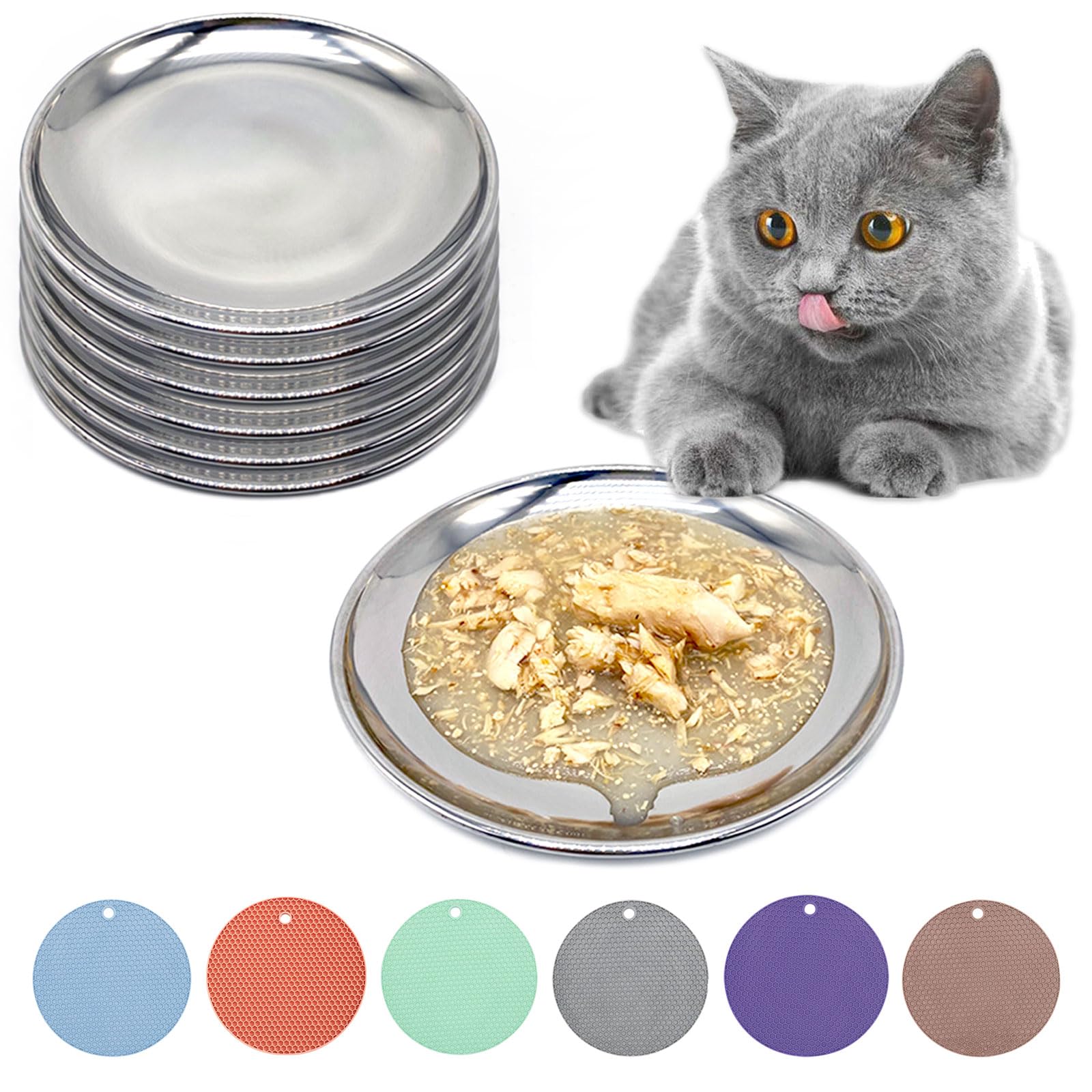 Premium Stainless Steel Cat Bowls for Wet & Dry Food - 6 Pack Medium Shallow Dishes with Non-Slip Mats, Whisker Fatigue Relief - Perfect for Kittens & Adult Cats at Home or Travel