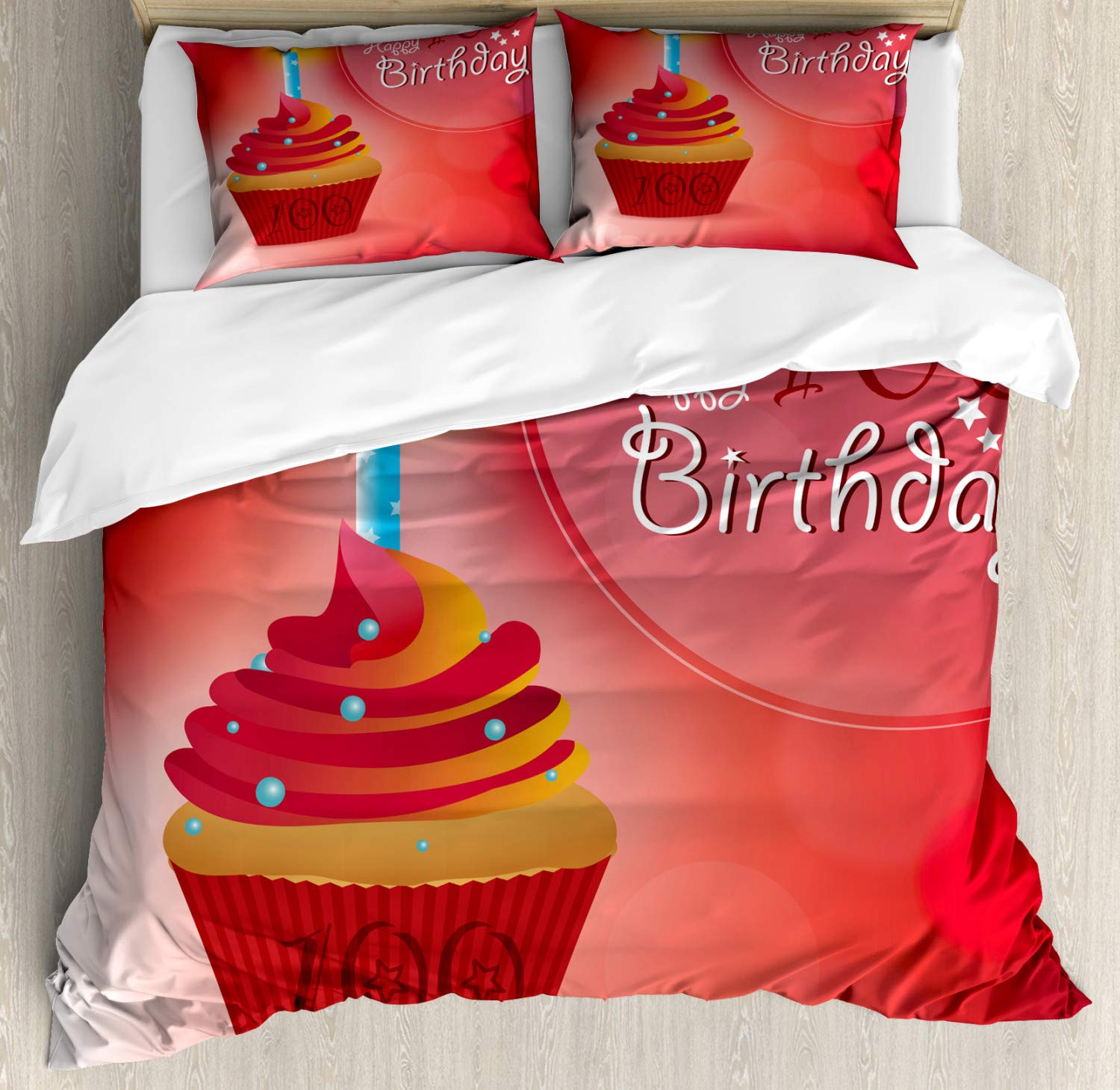Ambesonne 100th Birthday Duvet Cover Set - 3 Piece California King Bedding with 2 Pillow Shams | Vibrant Pink, Red & Orange Cupcake & Candle Design | Perfect for 100 Year Celebrations, Party Decor & Gift Ideas
