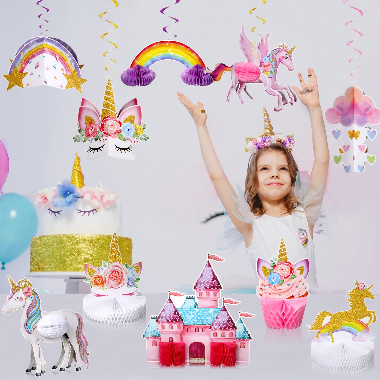 10 Pcs Unicorn Rainbow Honeycomb Centerpieces - Hanging Swirl Table Decorations for Girls Birthday Party, Baby Shower & Bridal Shower - Shiny Unicorn Toppers for Party Supplies & Home Decor