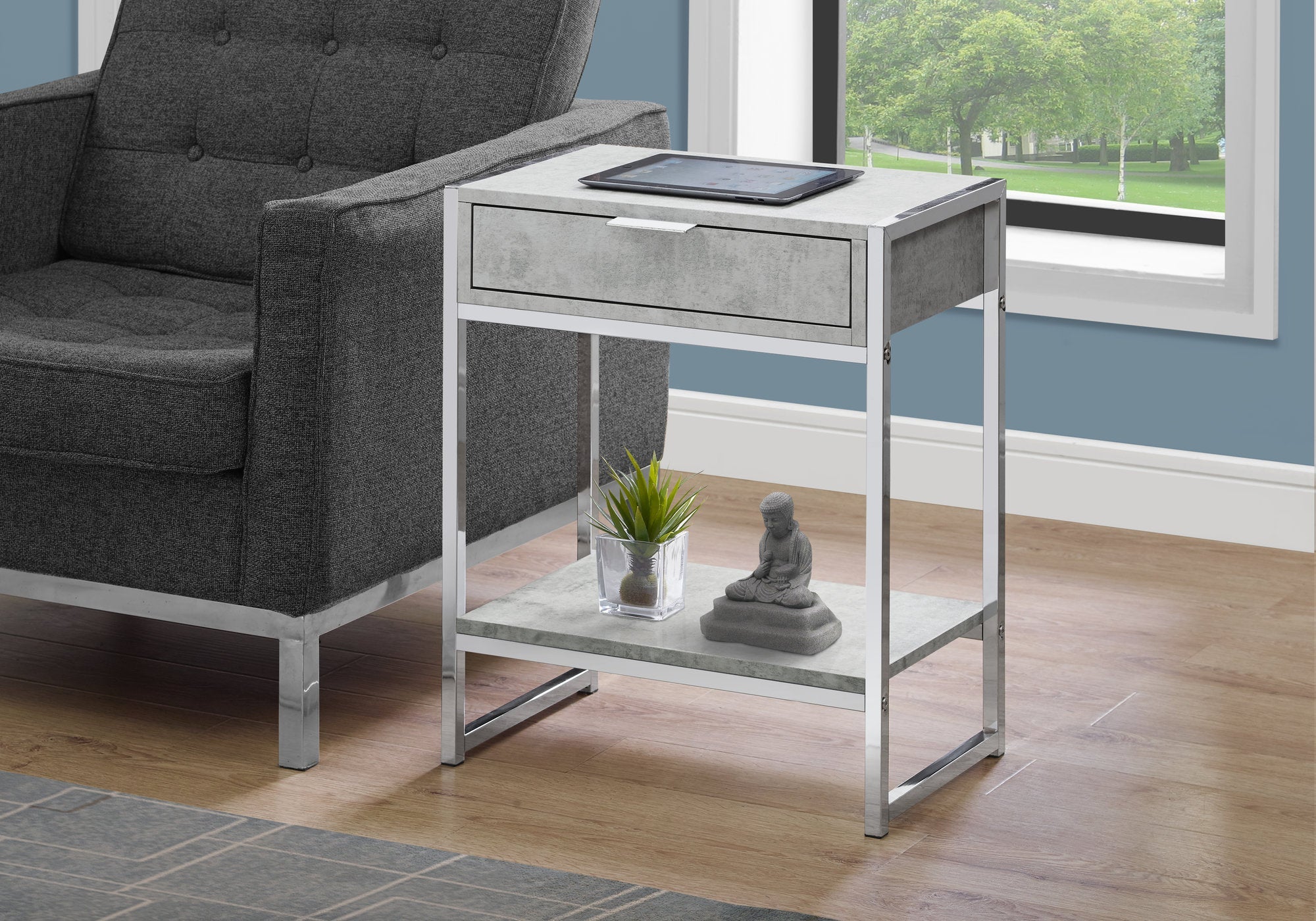 Modern Accent Table - 24 Inch Round Side Table in Grey Cement Finish with Chrome Metal Base | Perfect for Living Room, Bedroom, or Office Decor