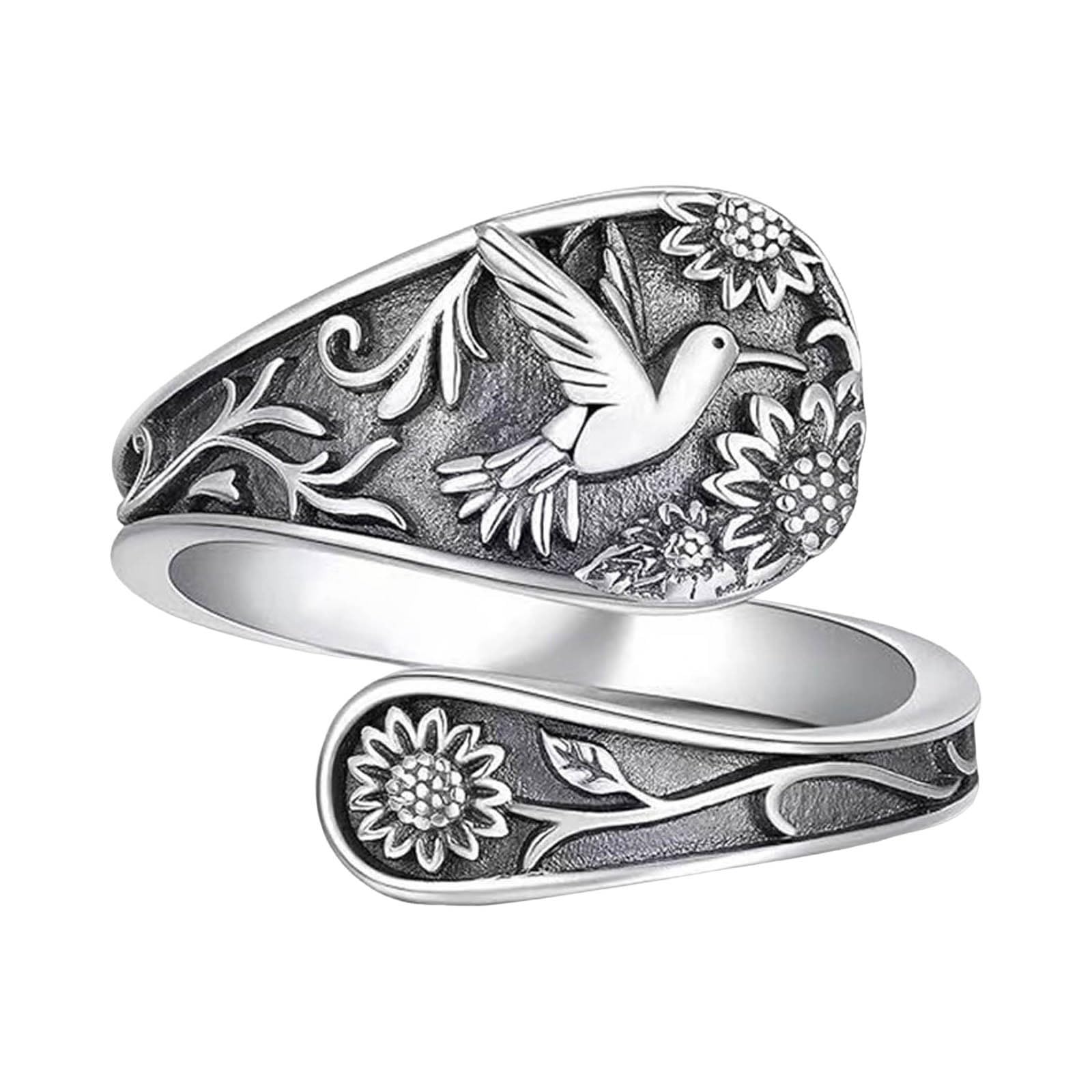 Vintage 925 Sterling Silver Hummingbird Adjustable Spoon Ring for Women - Perfect for Boho Style, Gift Giving, and Everyday Wear