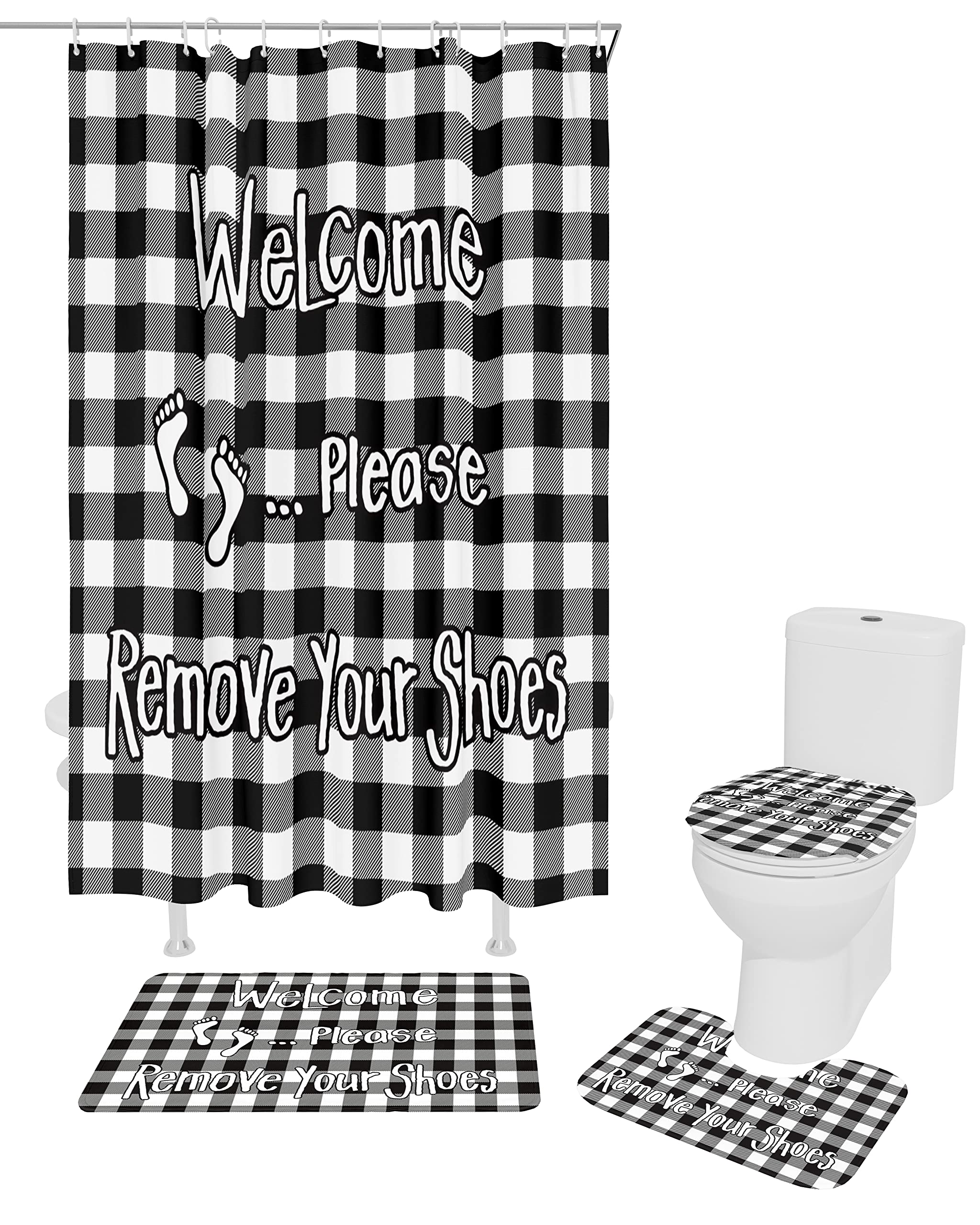 4-Piece Bathroom Set - Non-Slip Shower Curtain, Plaid Doormat, Toilet Seat Cover & Bath Mat | Black & White Checkered Decor | Perfect for Modern Bathrooms, Guest Baths & Apartment Living