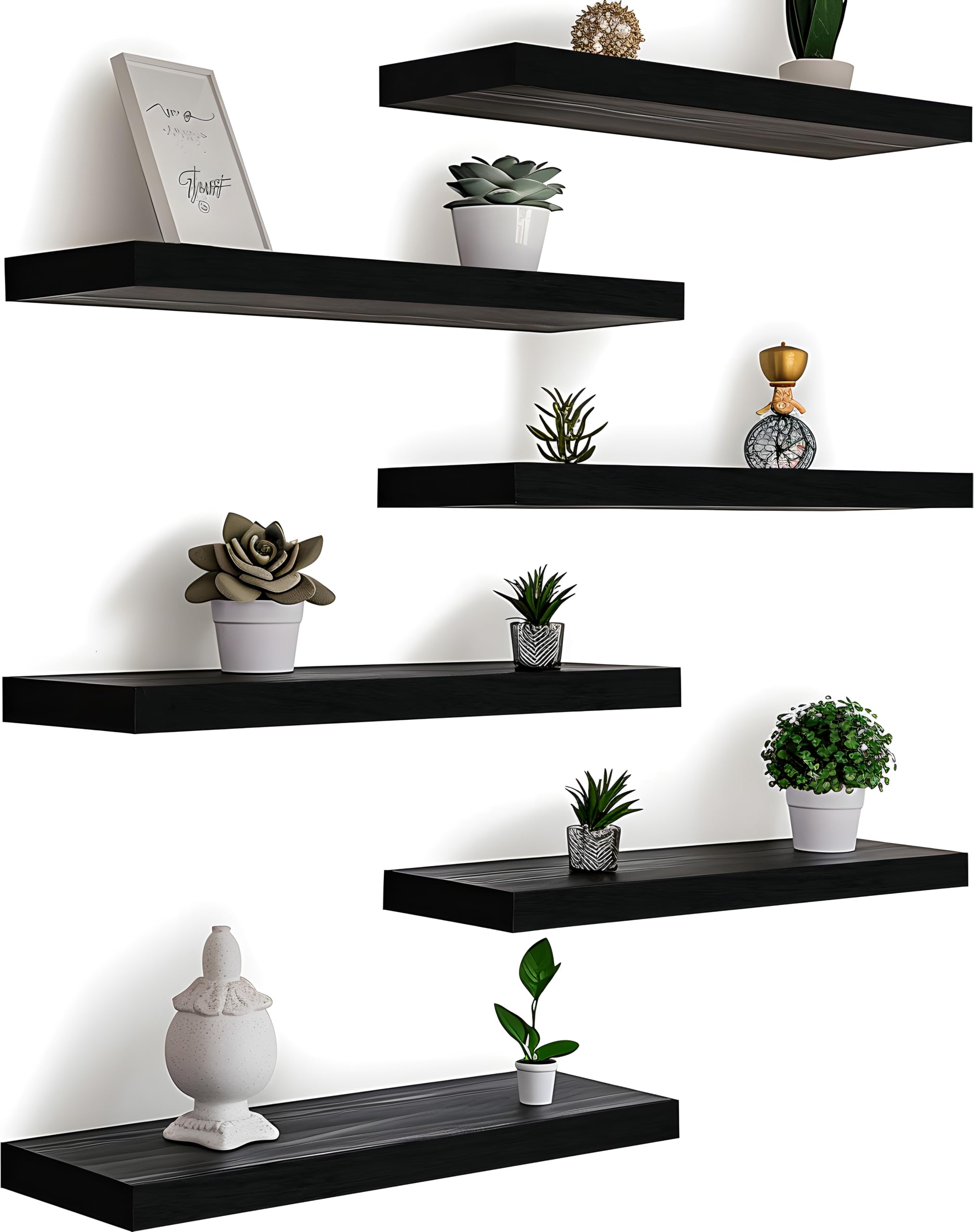 Black Wood Floating Shelves Set of 6 - Modern Wall Mounted Shelves for Bedroom, Living Room, Kitchen & Office - Rustic Wooden Wall Shelves for Home Decor & Storage