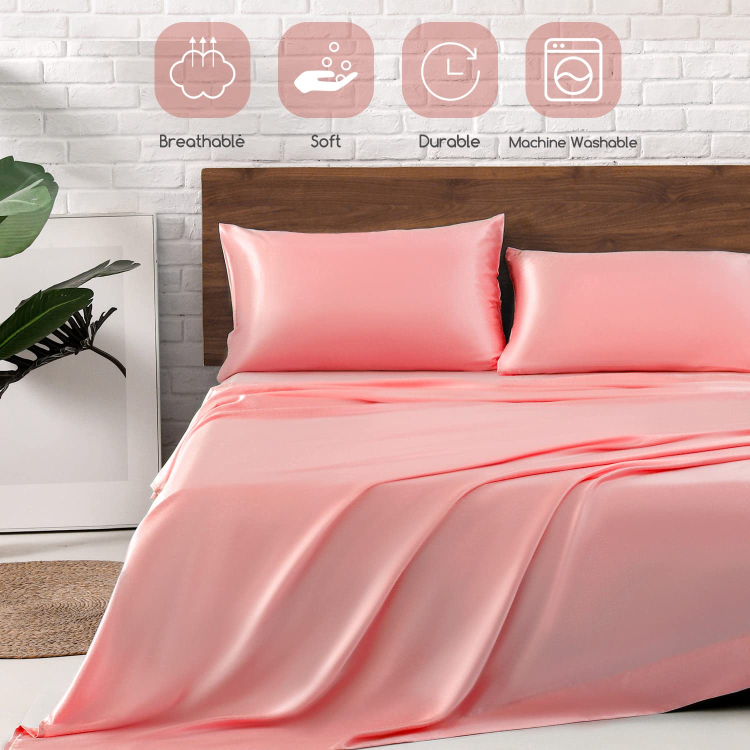 Luxury Satin Bed Sheets Set - King Size 4 Piece Silky Soft Bedding with 15