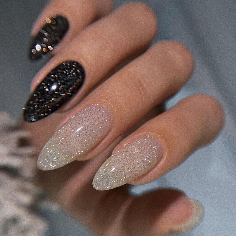 24pcs Short Round Head Sparkling French Fake Nails with Glue - Full Cover Almond Press On False Nails with Waves Stripes Design - Perfect for Parties, Weddings, and Special Occasions