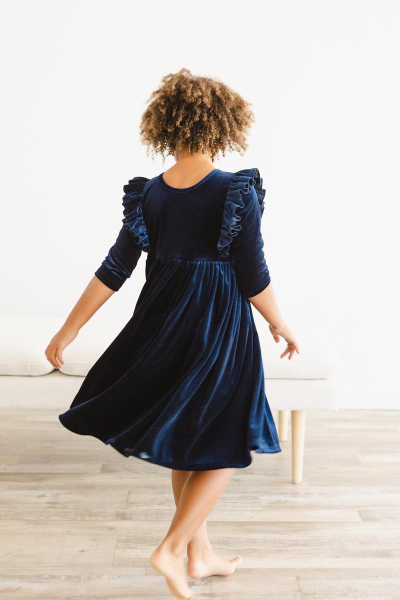 Navy Blue Velvet Ruffle Twirl Dress for Girls | Elegant Party Dress for Weddings, Holidays & Special Occasions