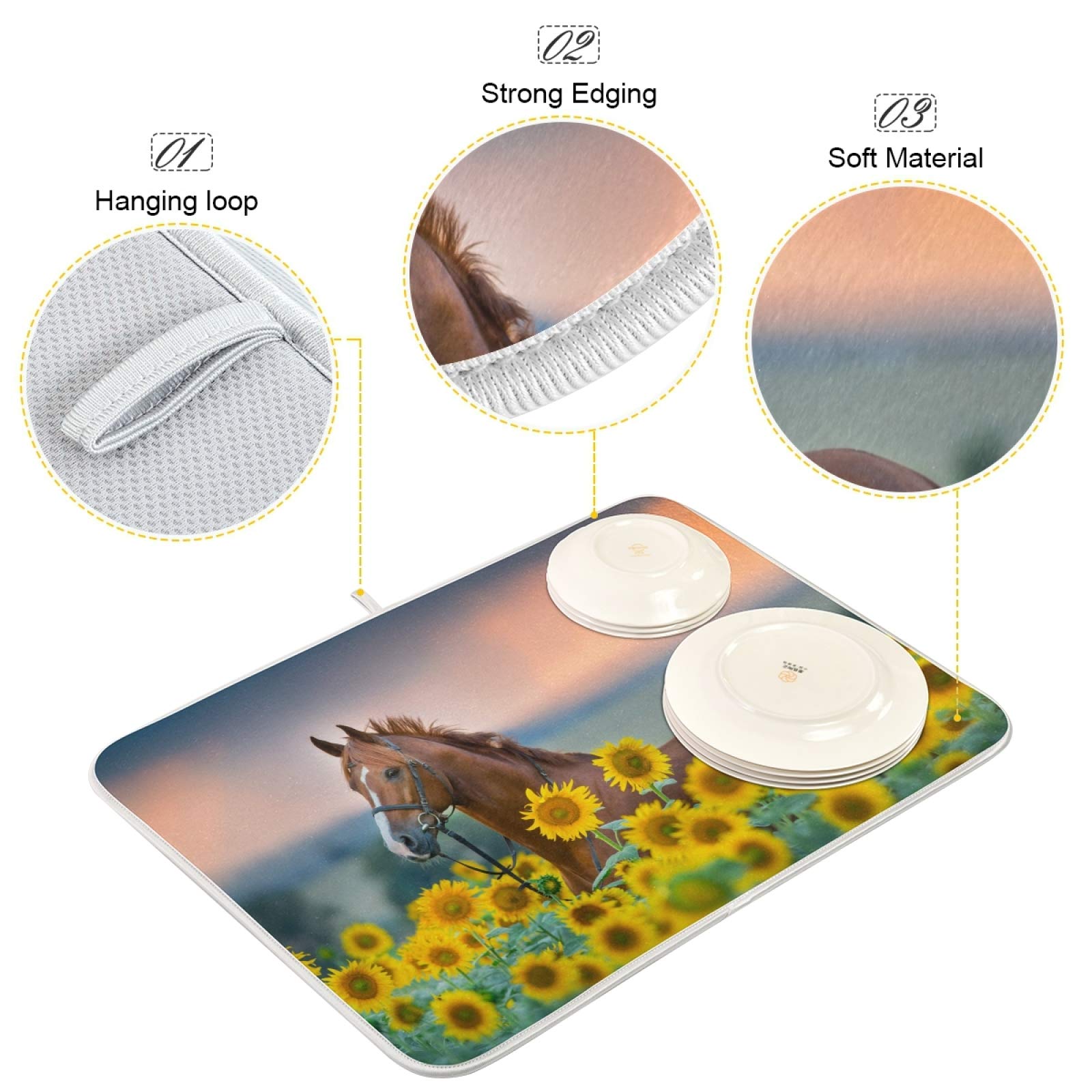 ALAZA Horse Sunflowers Dish Drying Mat - Super Absorbent Microfiber Kitchen Countertop Pad (16x18 Inch) for Dishes, Utensils & Cookware - Perfect for Drying, Decorating & Protecting Countertops