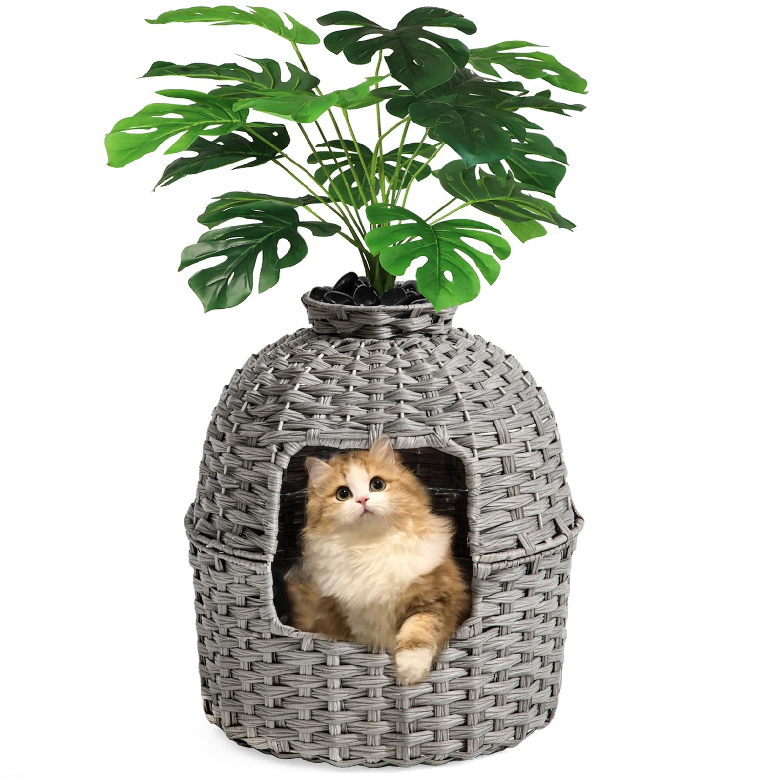 Hidden Cat Litter Box Enclosure with Artificial Plants - Handwoven Rattan Furniture Cover for Discreet Cat Toilet in Living Room | Stylish Home Decor for Pet Owners (Gray)