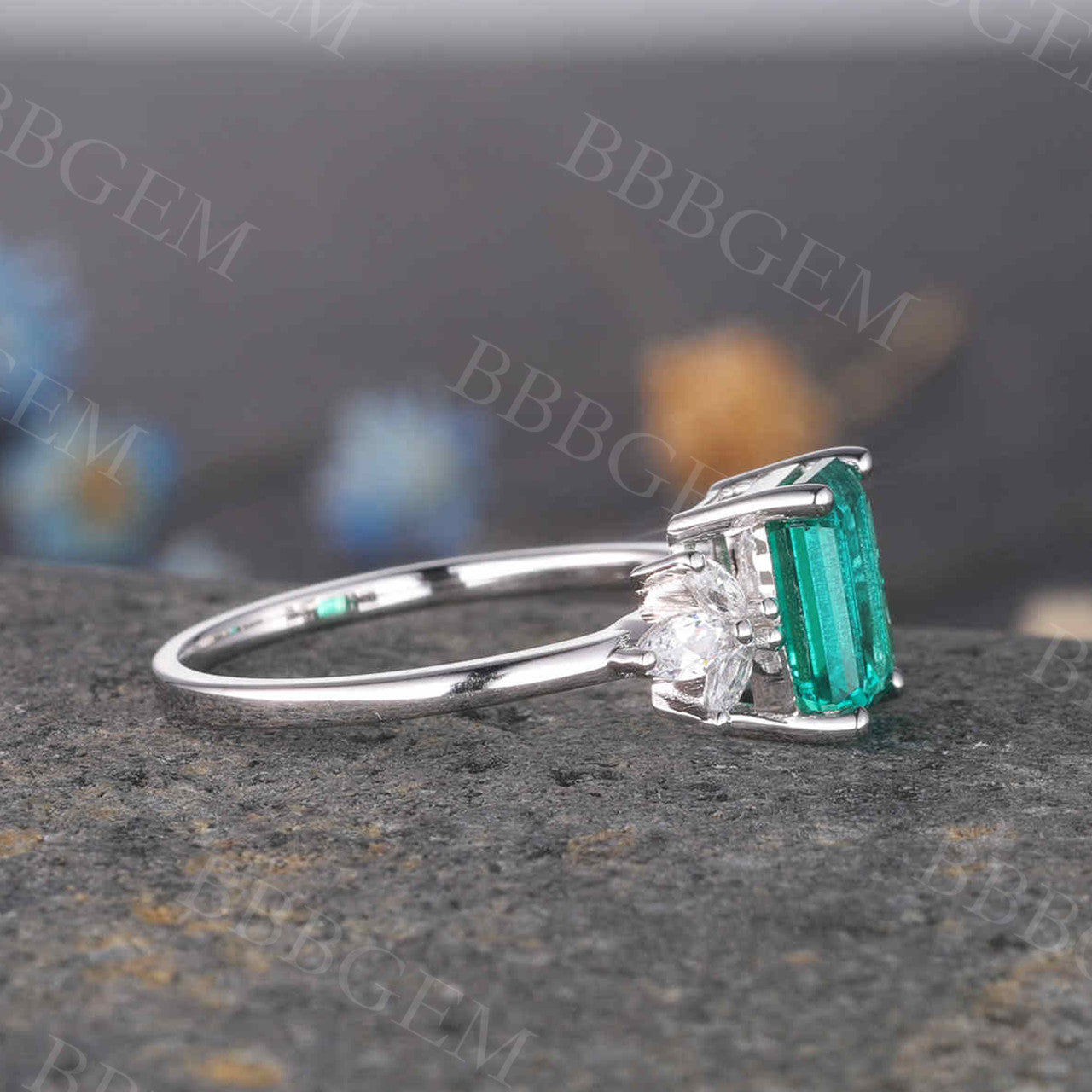 14K White Gold Emerald Cut Emerald and Diamond Ring for Women - Wedding, Engagement, Promise Ring - Perfect for Proposals, Anniversaries & Special Occasions