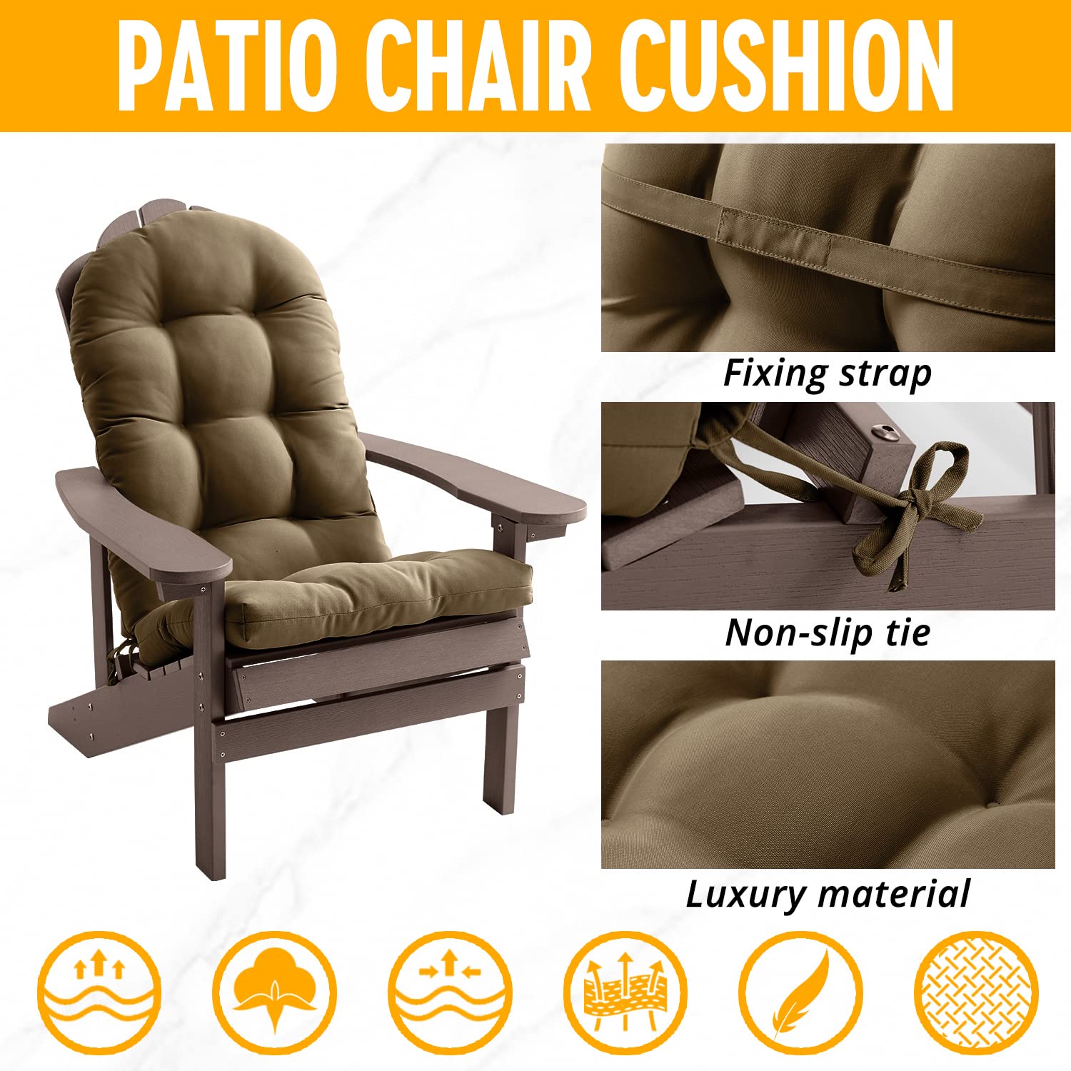 Premium Waterproof Adirondack & Rocking Chair Cushions - High Back Patio Seat Pillows with Ties, Fade-Resistant All-Weather Indoor/Outdoor Use - Perfect for Deck, Garden, Porch & Poolside (Cappuccino, 2-Pack)