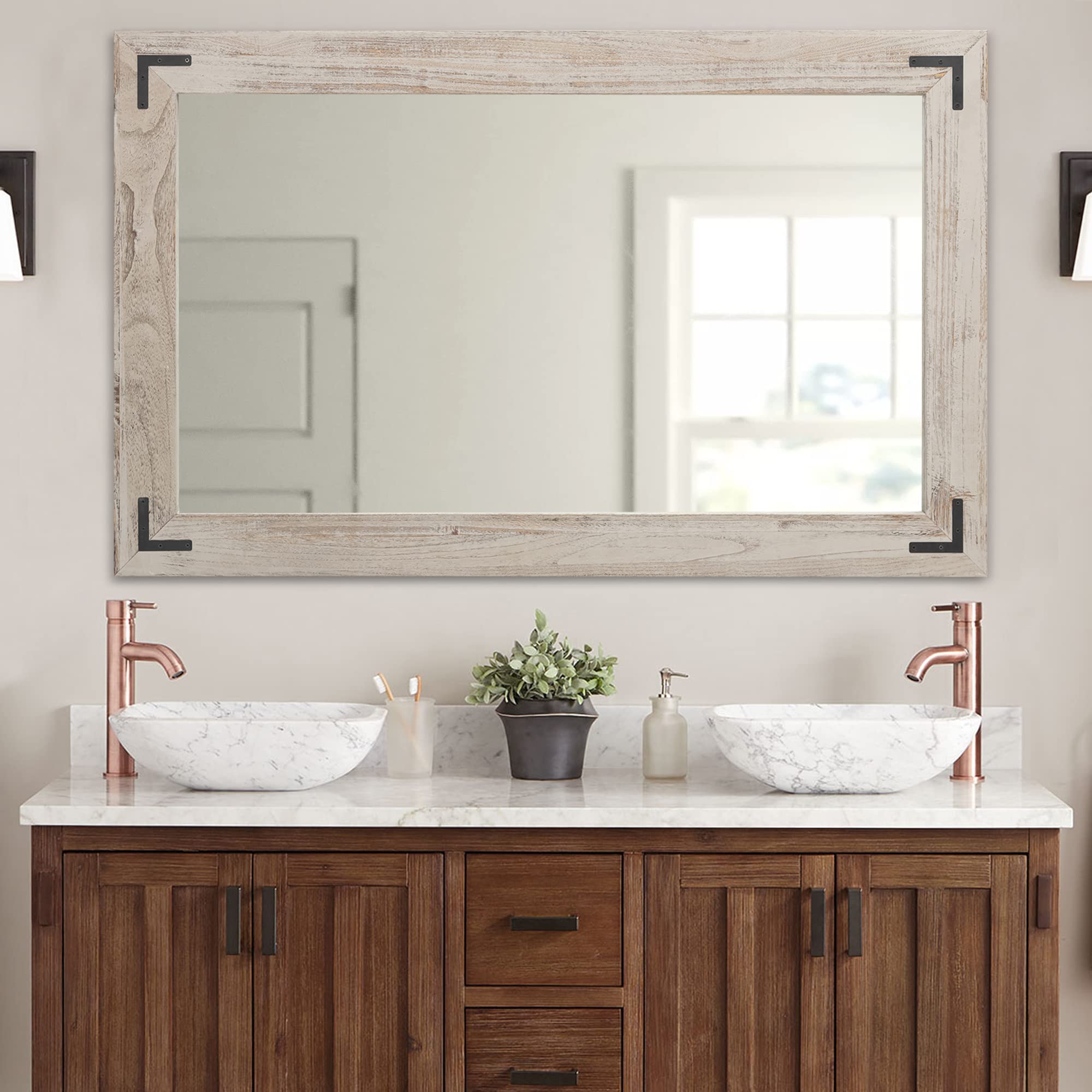 YOSHOOT Rustic Wooden Framed Wall Mirror - Natural Farmhouse Bathroom Vanity Mirror with Vertical/Horizontal Hanging (40x26 Inch, White Grey) - Perfect for Bathroom Decor, Bedroom Accent & Farmhouse Style Living Rooms