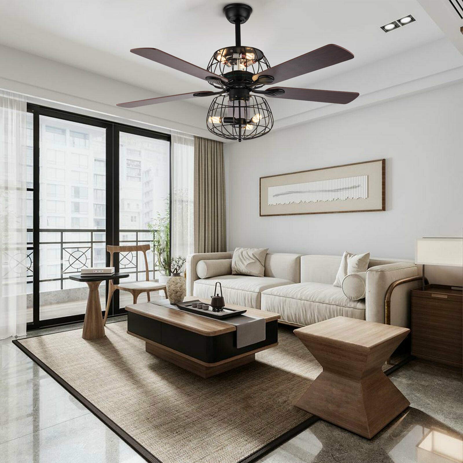 52 Inch Industrial Retro Cage Ceiling Fan with Remote Control & 3 Speed Settings - Vintage Round Chandelier Style Fan for Living Room, Bedroom, Dining Room & Office Spaces