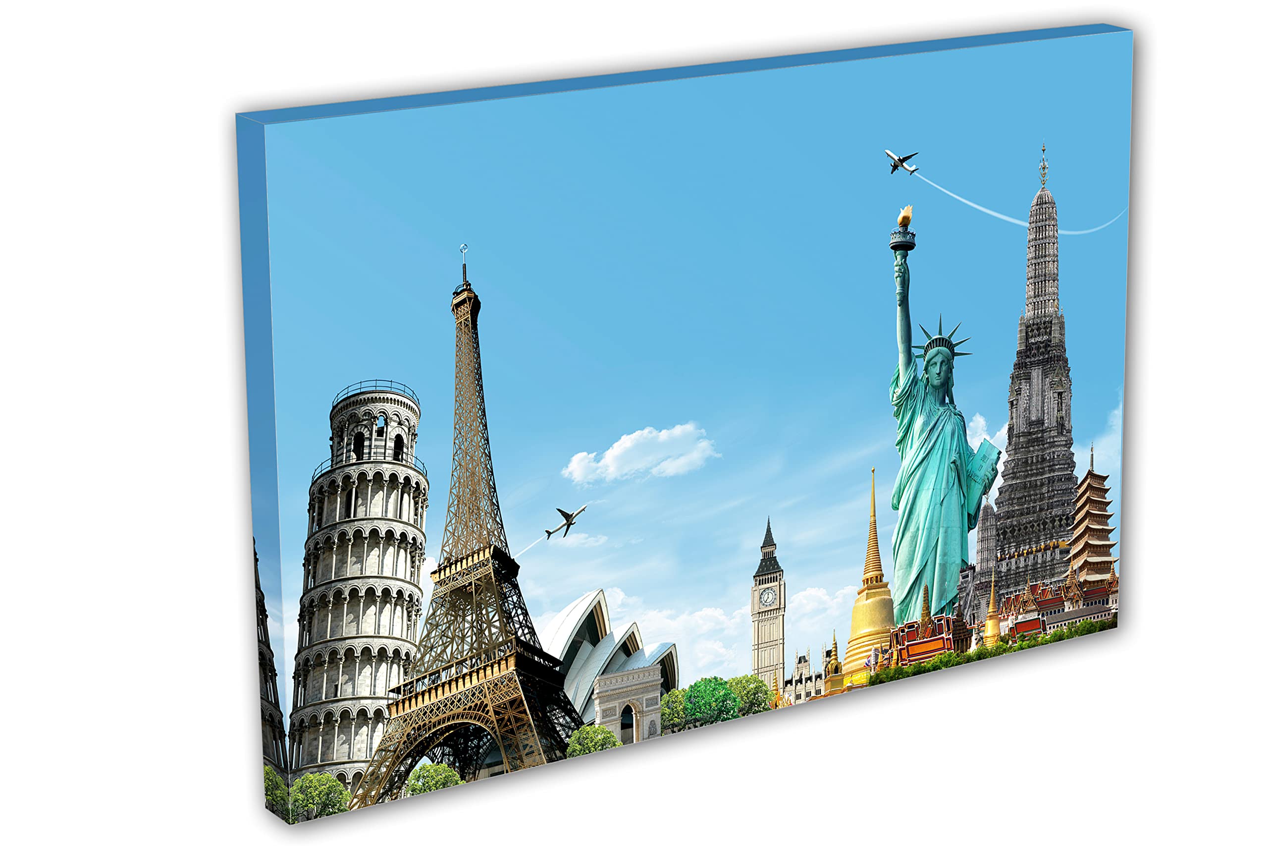 30x20 Travel The World Canvas Print - Statue of Liberty, Eiffel Tower, Pizza & Big Ben Wall Art - Perfect for Living Room, Bedroom Decor & Travel Lovers Gift
