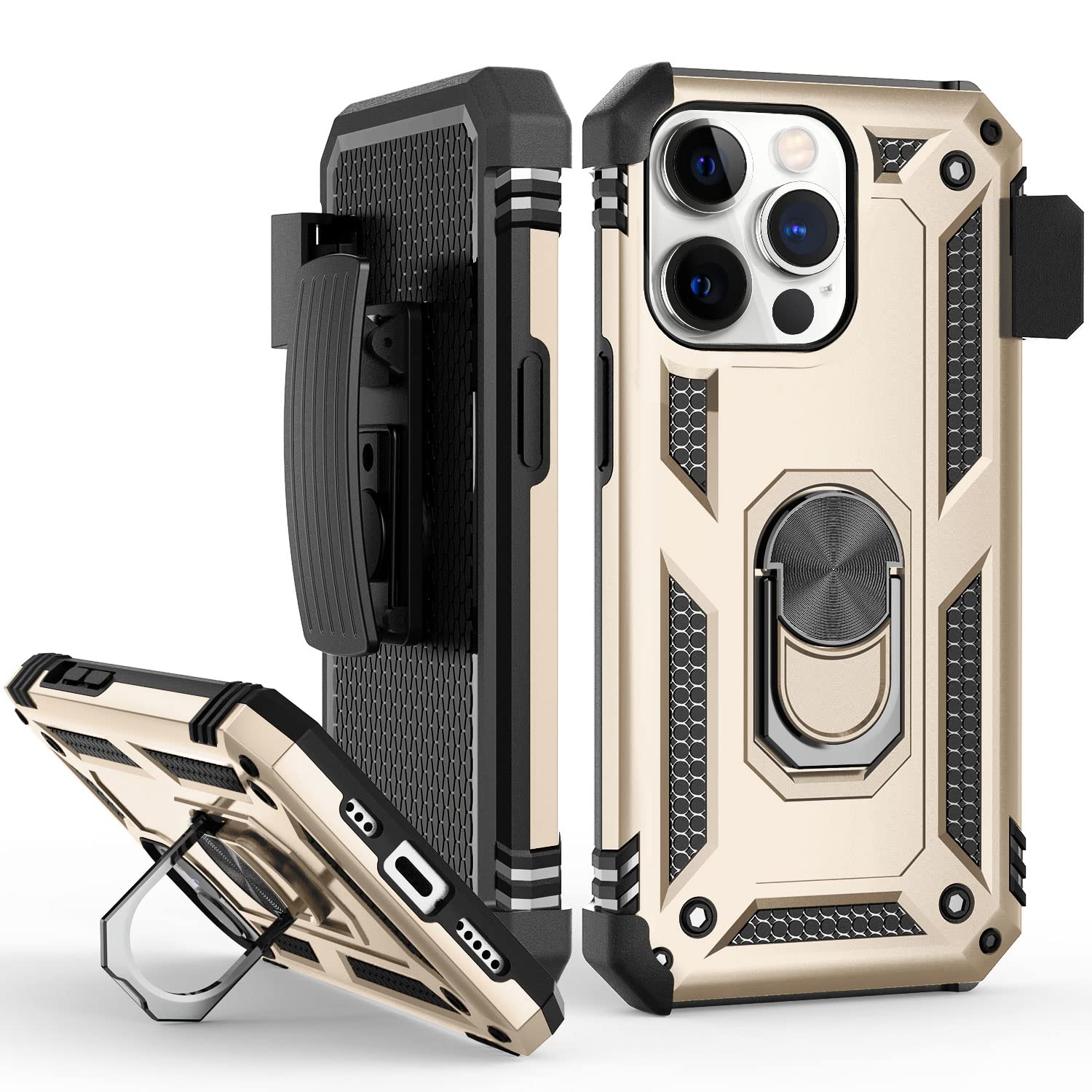 Heavy Duty Shockproof Magnetic Phone Case for iPhone 13 Pro - Full Coverage Rotatable Ring Holder with Kickstand & Belt Clip Holster | Perfect for Outdoor Activities, Work & Travel [Gold]