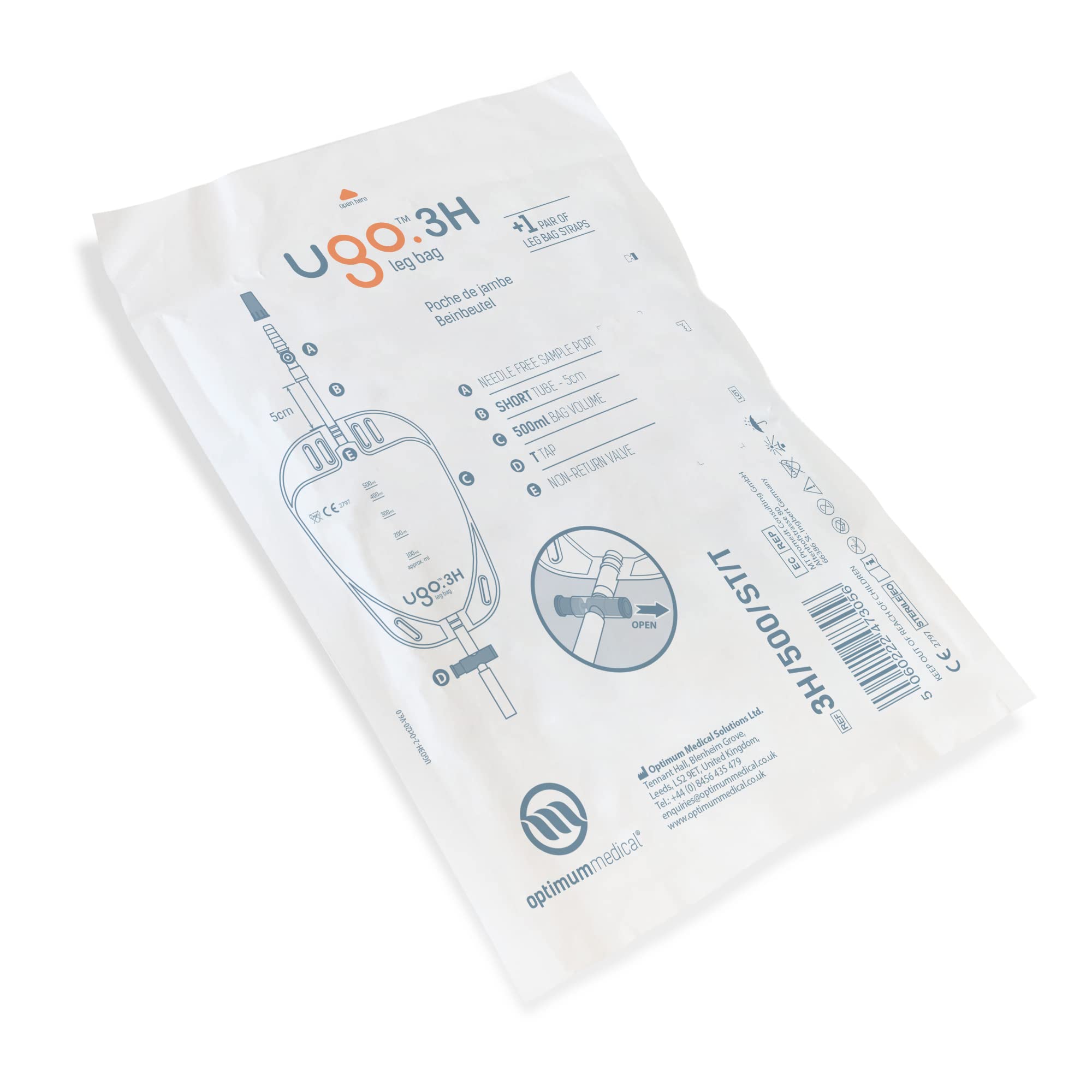 Ugo Leg Bags (Pack of 10) - 500ml Urine Drainage Catheter Bags with T-Tap, Soft Fabric Backing & Ergonomic Leg-Shape Design for Comfort - Ideal for Daily Use, Travel, and Post-Surgery Care (Ugo 3H Short Tube)
