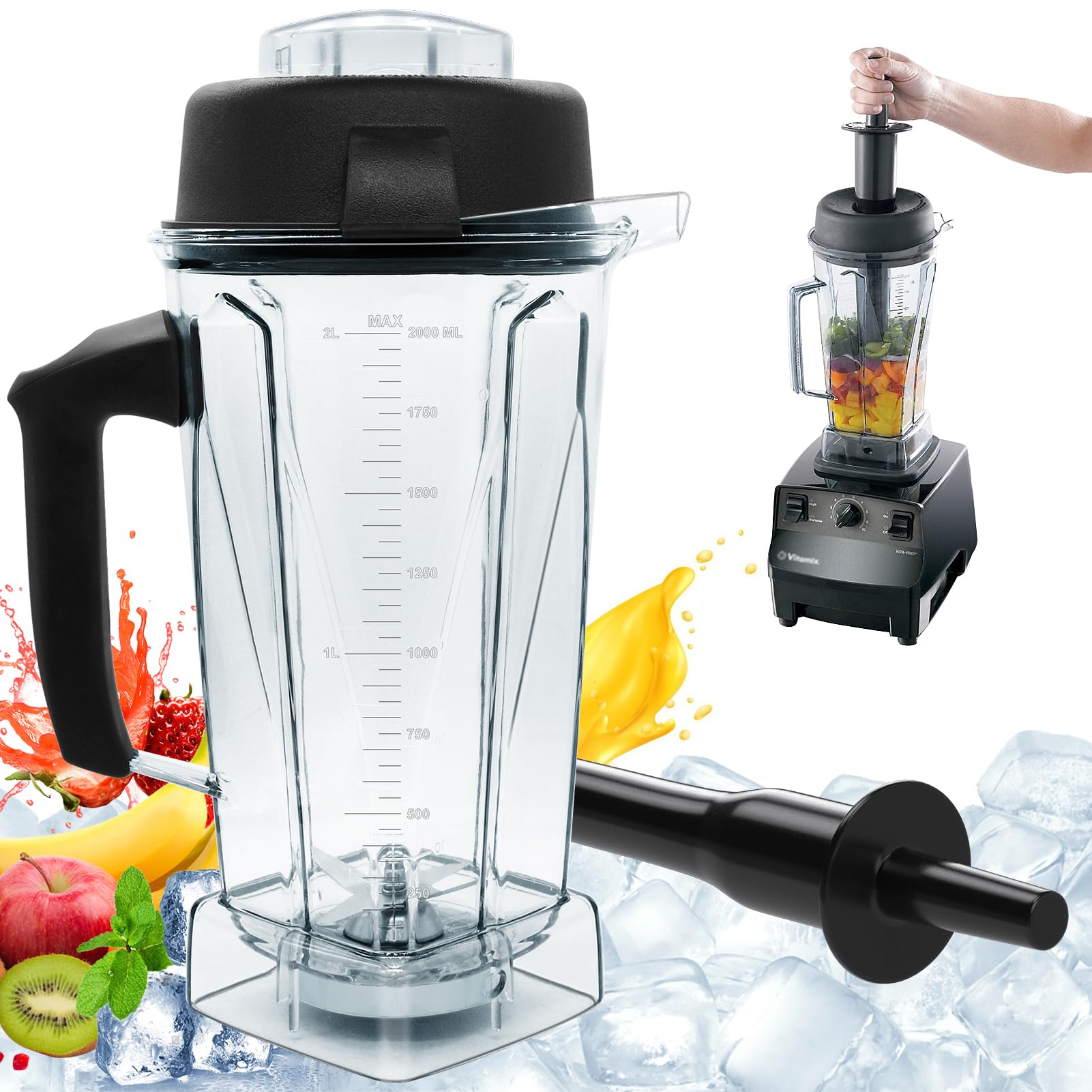 64oz Vitamix Blender Pitcher Replacement with Tamper - Compatible with Vitamix 5200 5300 6000 6300 6500 5000 5500 7500 4500 A2300 Series - Durable Blender Container Jar for Smoothies, Soups & Nut Butters - 1 Year Warranty