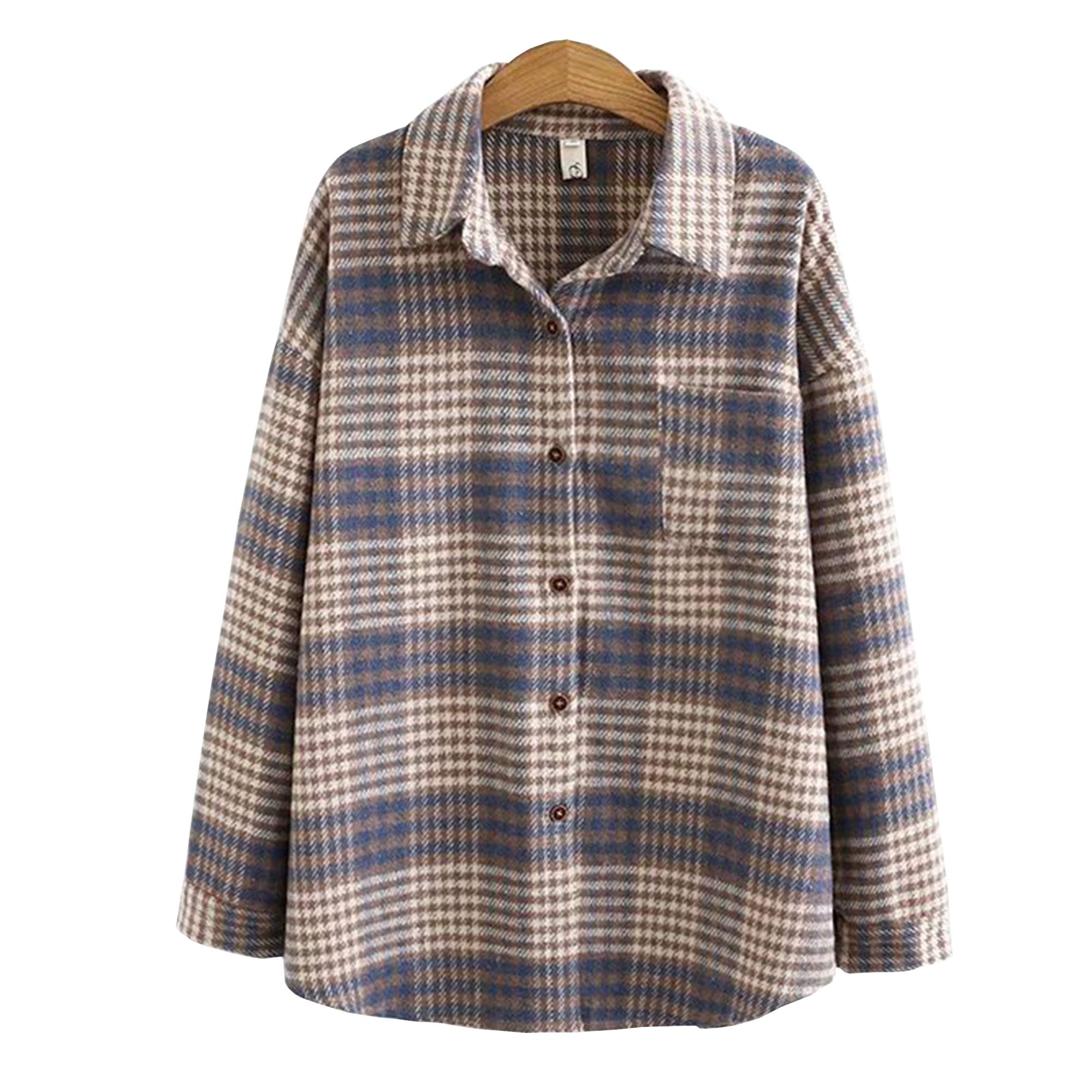 Hixiaohe Women's Casual Loose Long Sleeve Wool Blend Plaid Shirt Jacket - Flannel Shacket for Fall & Winter Layering, Outdoor Activities & Office Wear