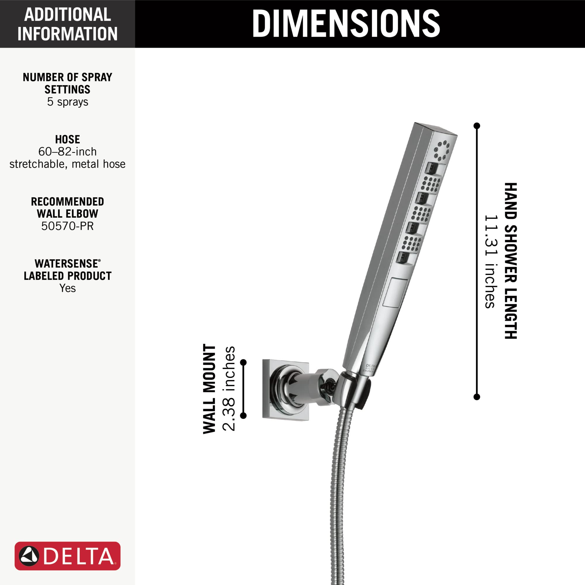 Delta Faucet Tetra H2Okinetic Handheld Shower Head with Hose - Chrome Finish, Detachable Shower Head with Lumicoat Technology (Model 55140-PR) - Perfect for Bathroom Renovation, Spa-Like Shower Experience, and Water-Saving Home Upgrades