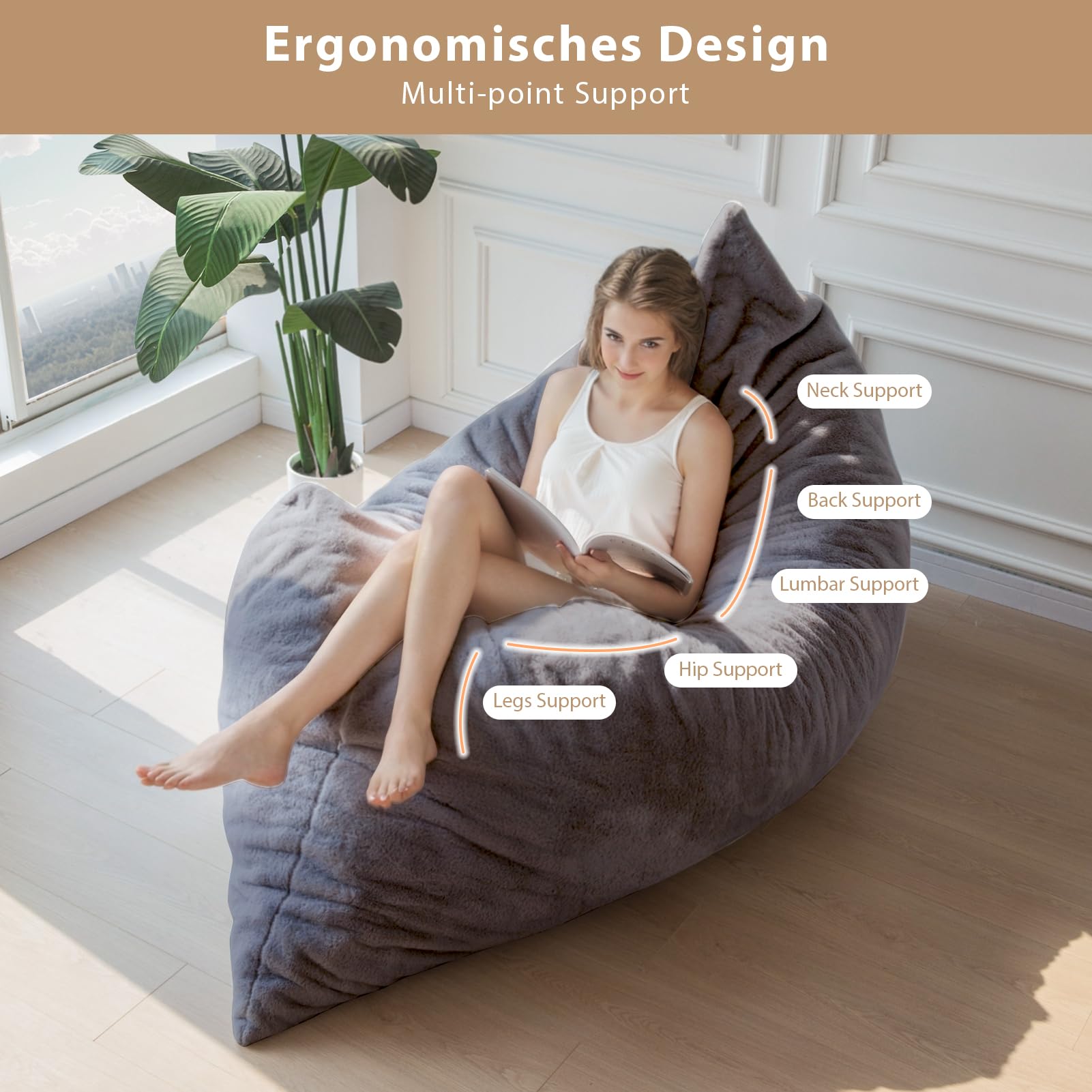 BYBYME 3-in-1 Convertible Bean Bag Chair - Faux Fur Giant Sofa Bed with High-Density Foam Filling | Foldable from Bean Bag to Lounger for Adults | Perfect for Living Room, Bedroom & Game Room Relaxation