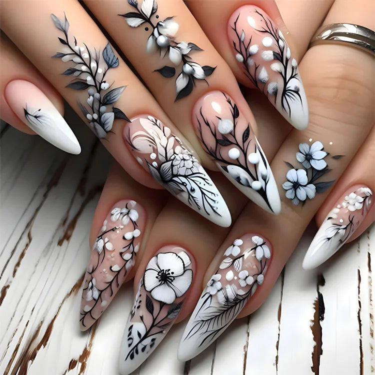 24Pcs Retro French Fake Nails with Moon Leaves Design - Glitter False Nails Mid Length Almond Shape - Reusable Press on Nails for Women - Perfect for Parties, Weddings & Special Occasions