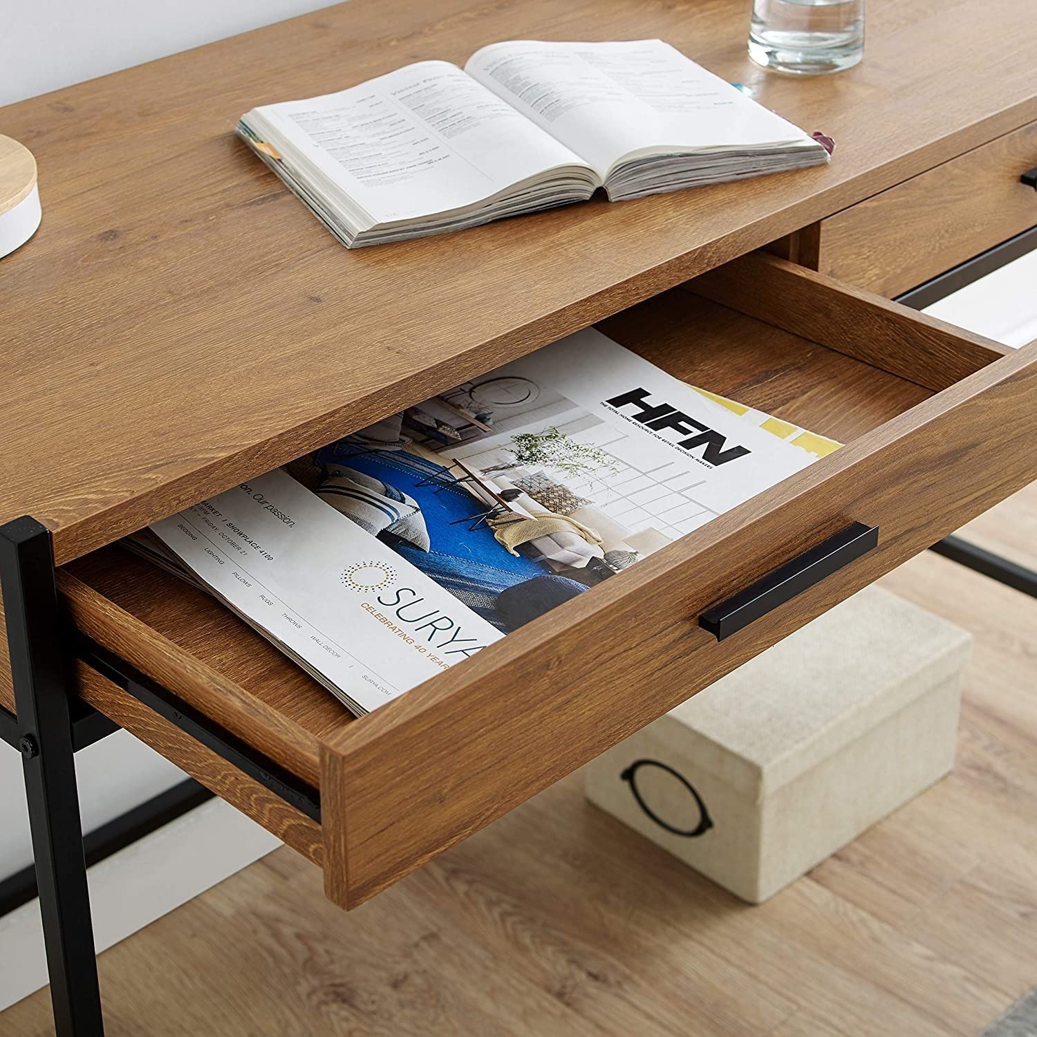 Caffoz 2-Drawer Wood and Metal Writing Desk with Shelf in Mahogany Brown - Compact Home Office Desk for Small Spaces, Study & Workstation
