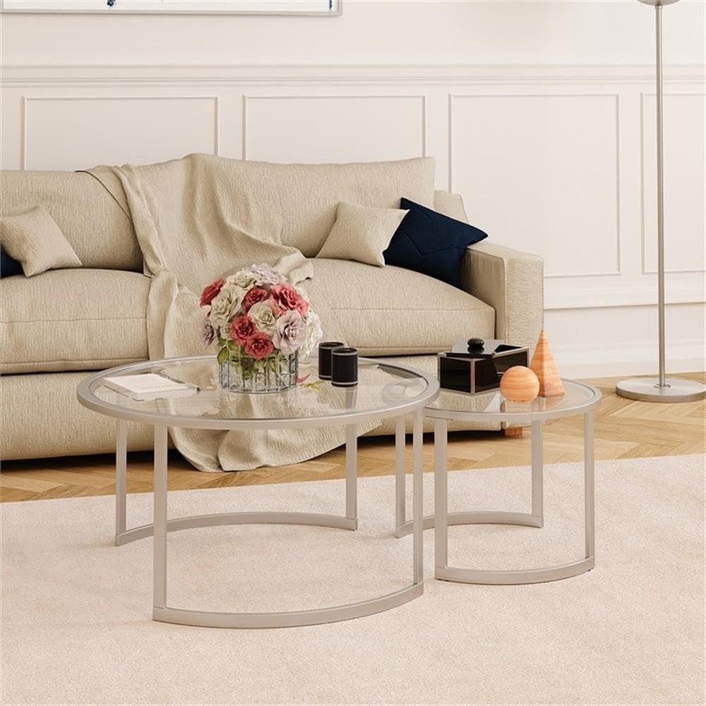 Modern Metal Two-Tier Glass Top Coffee Table in Nickel & Gray - Perfect for Living Room, Office, or Lounge Decor