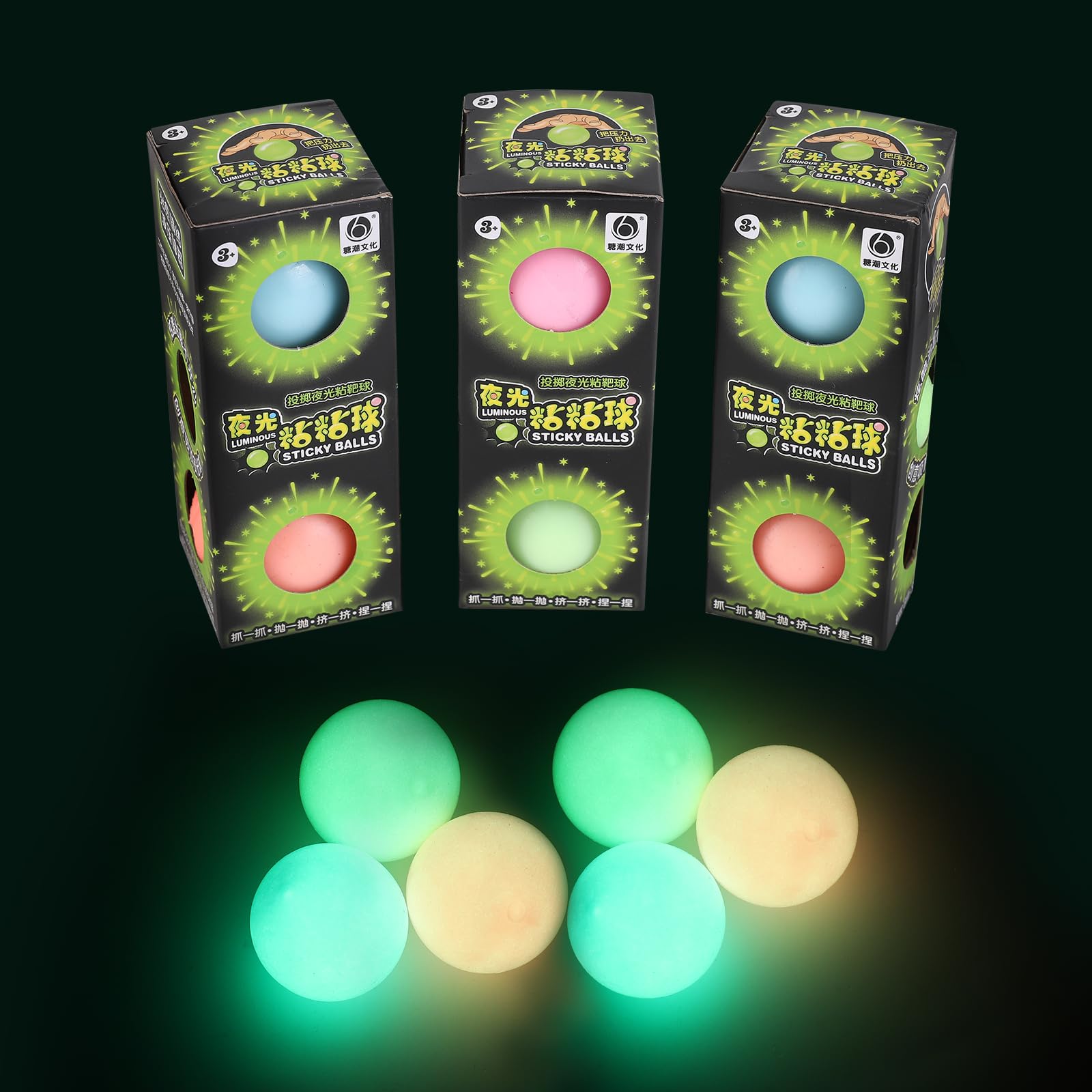 Glow in The Dark Sticky Ceiling Balls 3 Pack - Fun Stress Relief Toys for Kids & Adults - Perfect for Bedroom Decor, Party Favors and Sensory Play