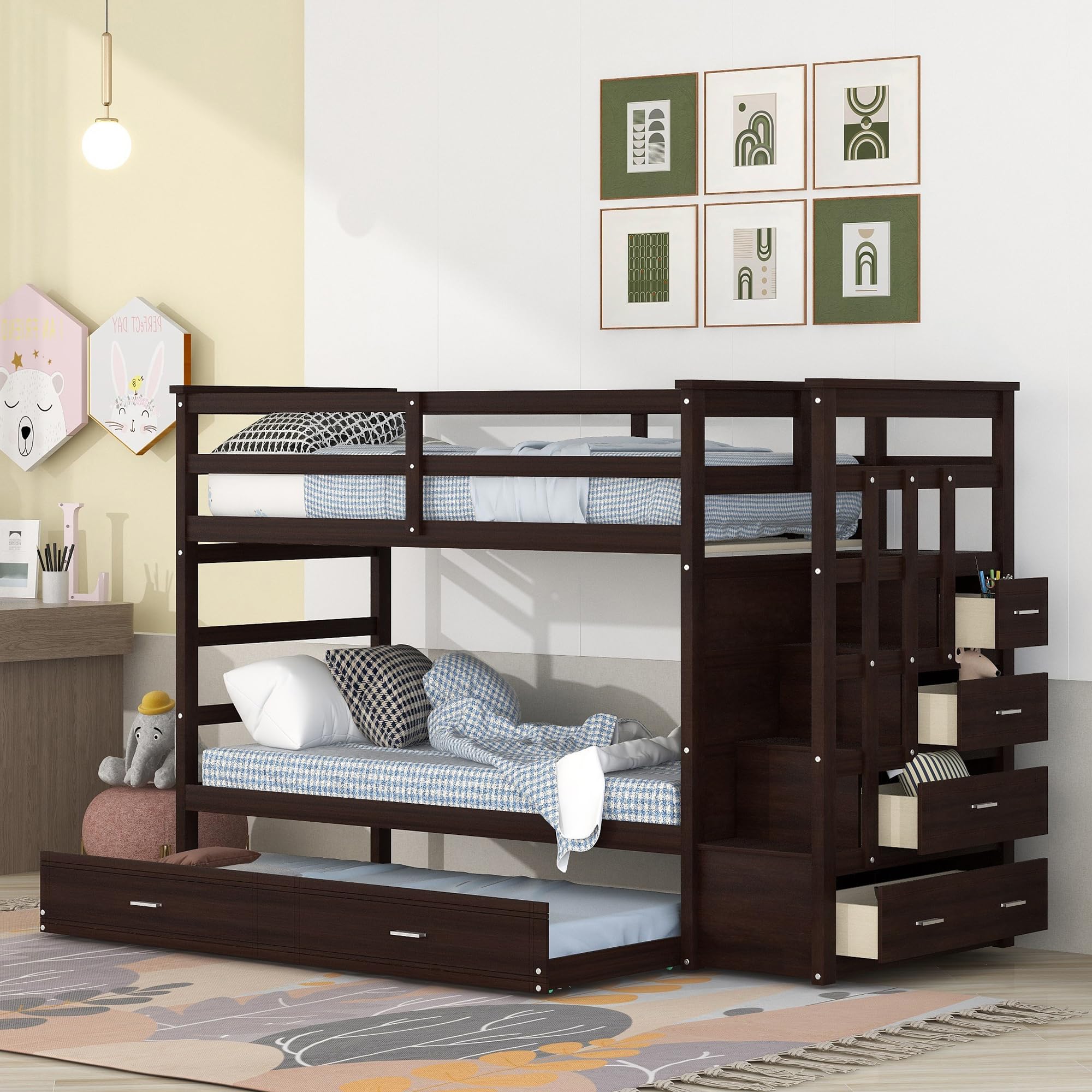 Twin Over Twin Bunk Beds with Trundle & Stairs - Wooden Storage Bunk Bed Frame with 4 Drawers for Kids, Boys, Girls & Teens - Espresso Finish - Perfect for Small Bedrooms, Guest Rooms & Vacation Homes