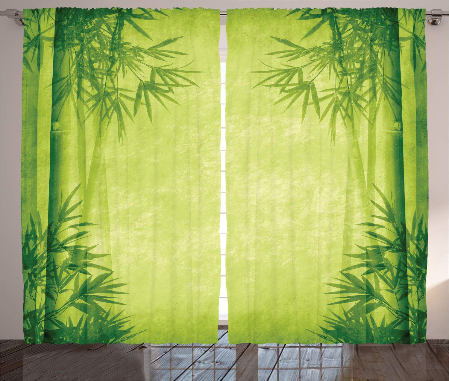 Ambesonne Feng Shui Bamboo Print Curtains - Chinese Inspired Bamboo Tree Design for Relaxing Home Decor, 2 Panel Window Drapes 108