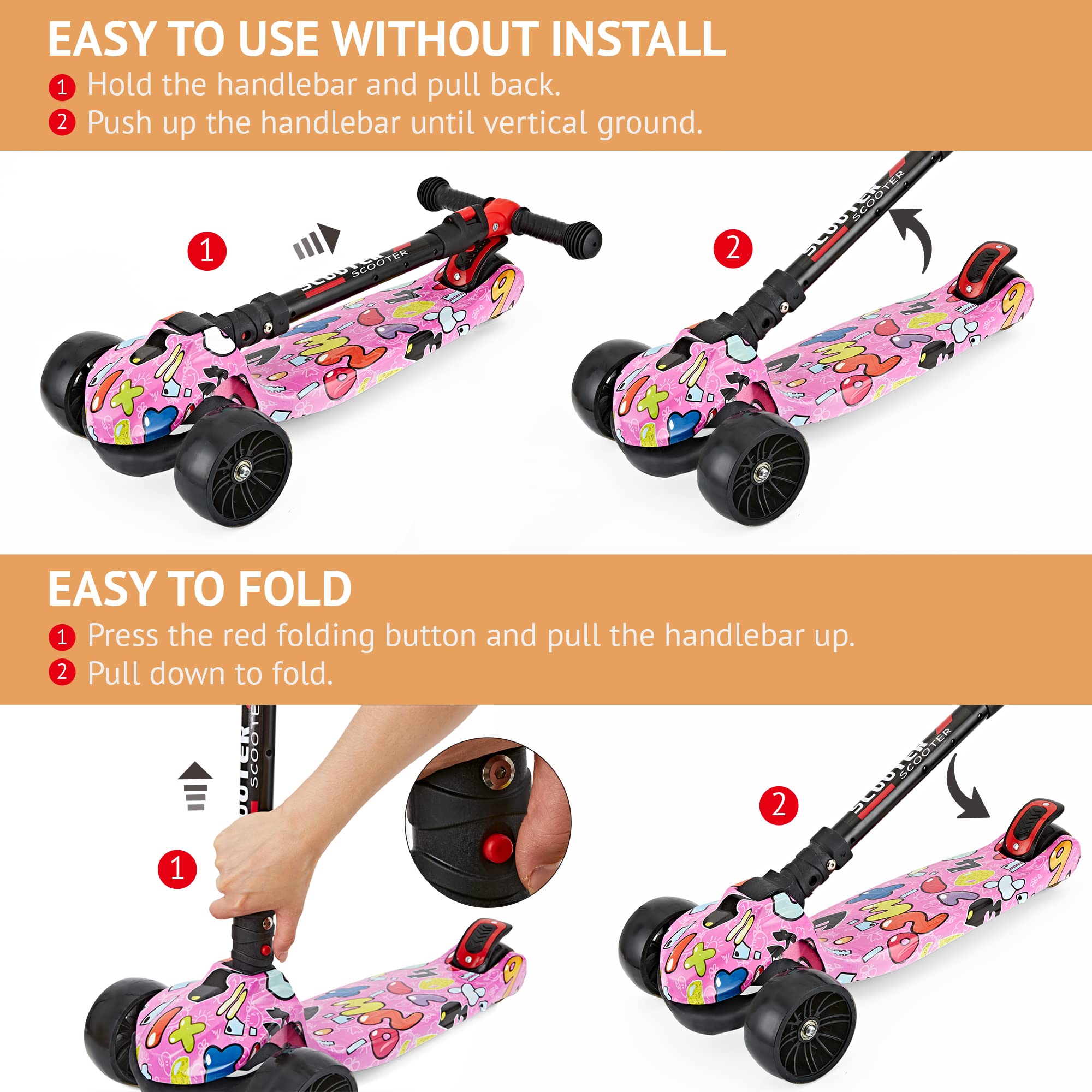 **Foldable & Height Adjustable Kids Scooter for Ages 3-12 – Graffiti Design, Non-Slip Deck, Extra Wide PU Light-Up Wheels (200 lbs Capacity) – Perfect for Commuting, Outdoor Play & Neighborhood Rides**