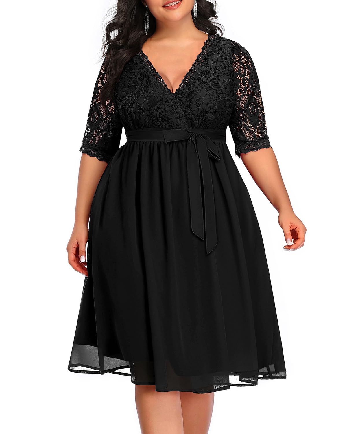 Plus Size Lace Chiffon Wrap V-Neck Cocktail Dress for Women - Elegant Wedding Guest Midi Dress for Parties, Date Nights & Special Occasions
