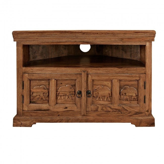 Handcrafted Solid Wood Elephant Design Corner TV Stand - Traditional Indian Style for Living Room & Bedroom - Perfect for Small Spaces & Home Decor