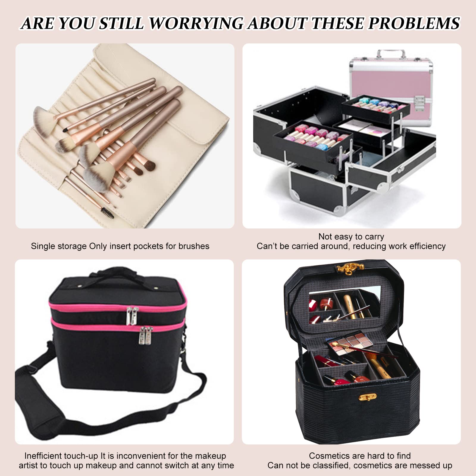 **MOND'SUB Large Professional Makeup Bag for Women - Waterproof Cosmetic Organizer with Shoulder Strap, Makeup Brush Storage Holder - Perfect for MUA, Freelancers & Beginners (Ideal for Travel, Salon & Professional Use)**