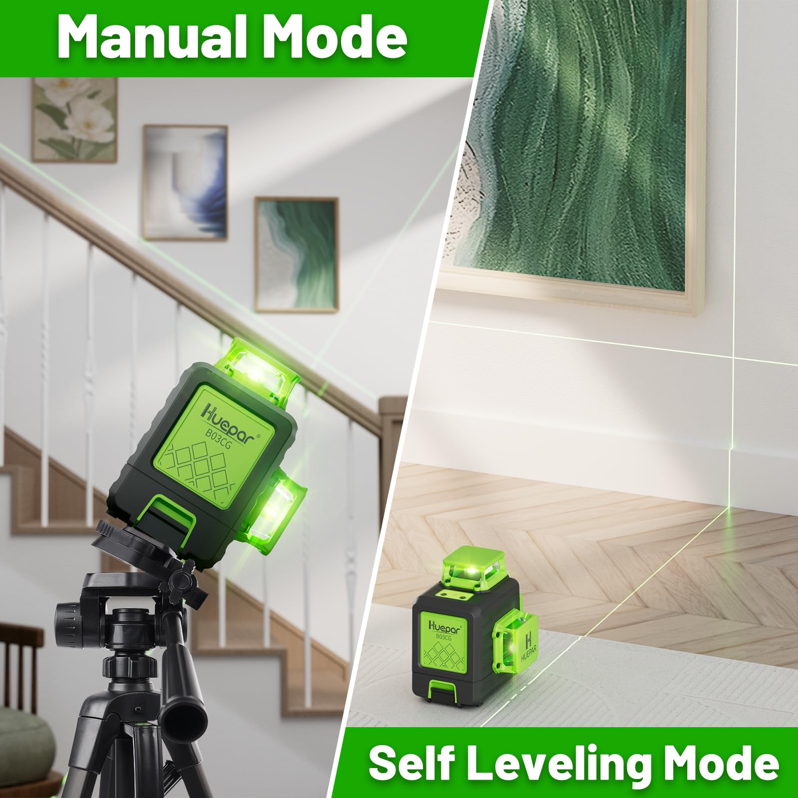 Huepar 360 Self-Leveling Green Laser Level - 3 x 360° High Brightness Cross Line Laser Tool with 5200mAh Rechargeable Battery & Hard Case for Construction, Picture Hanging, Tile Installation, and DIY Projects