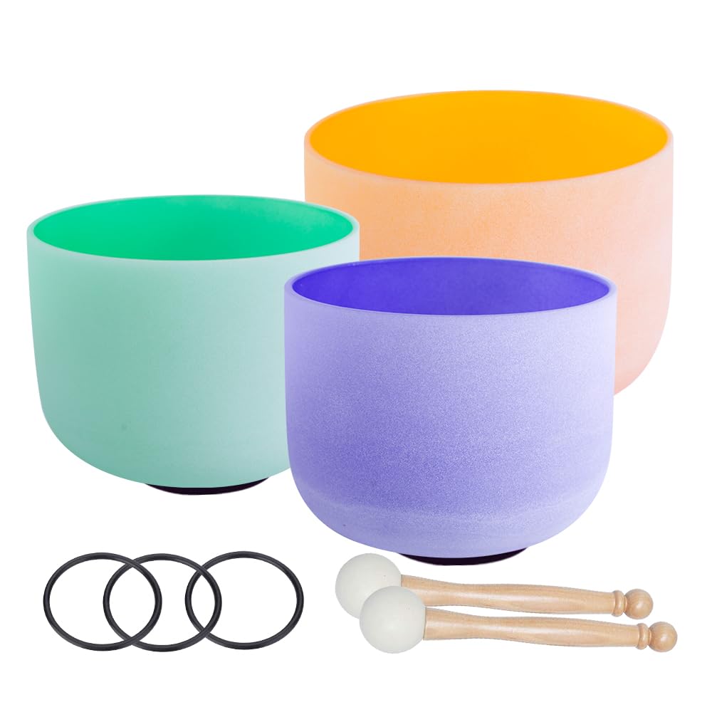 432Hz Perfect Pitch Frosted Chakra Set - 3 PCS Colored Quartz Crystal Singing Bowls (11