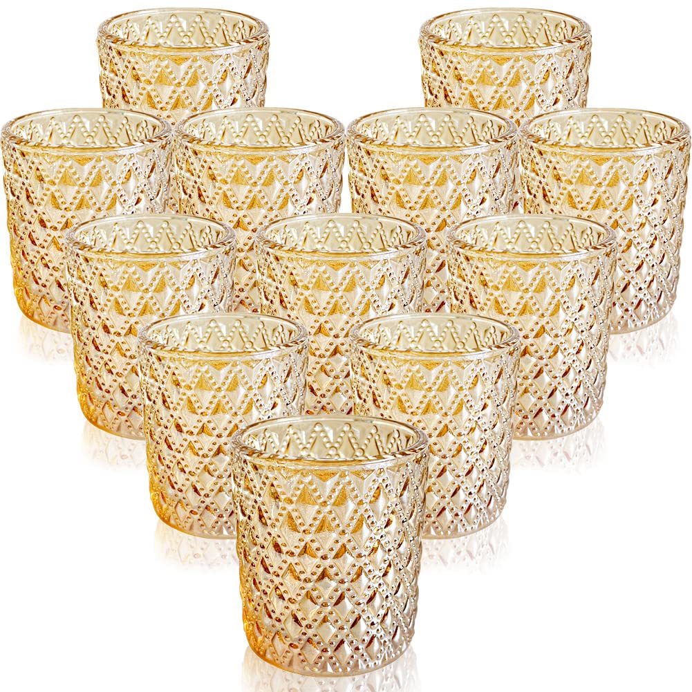SHMILMH 12-Pack Champagne Gold Glass Votive Candle Holders - Elegant Tealight Candle Holders for Wedding Centerpieces, Birthday Party Decor, Halloween & Thanksgiving Table Settings - Perfect for Romantic Dinners, Spa Nights and Holiday Home Decor