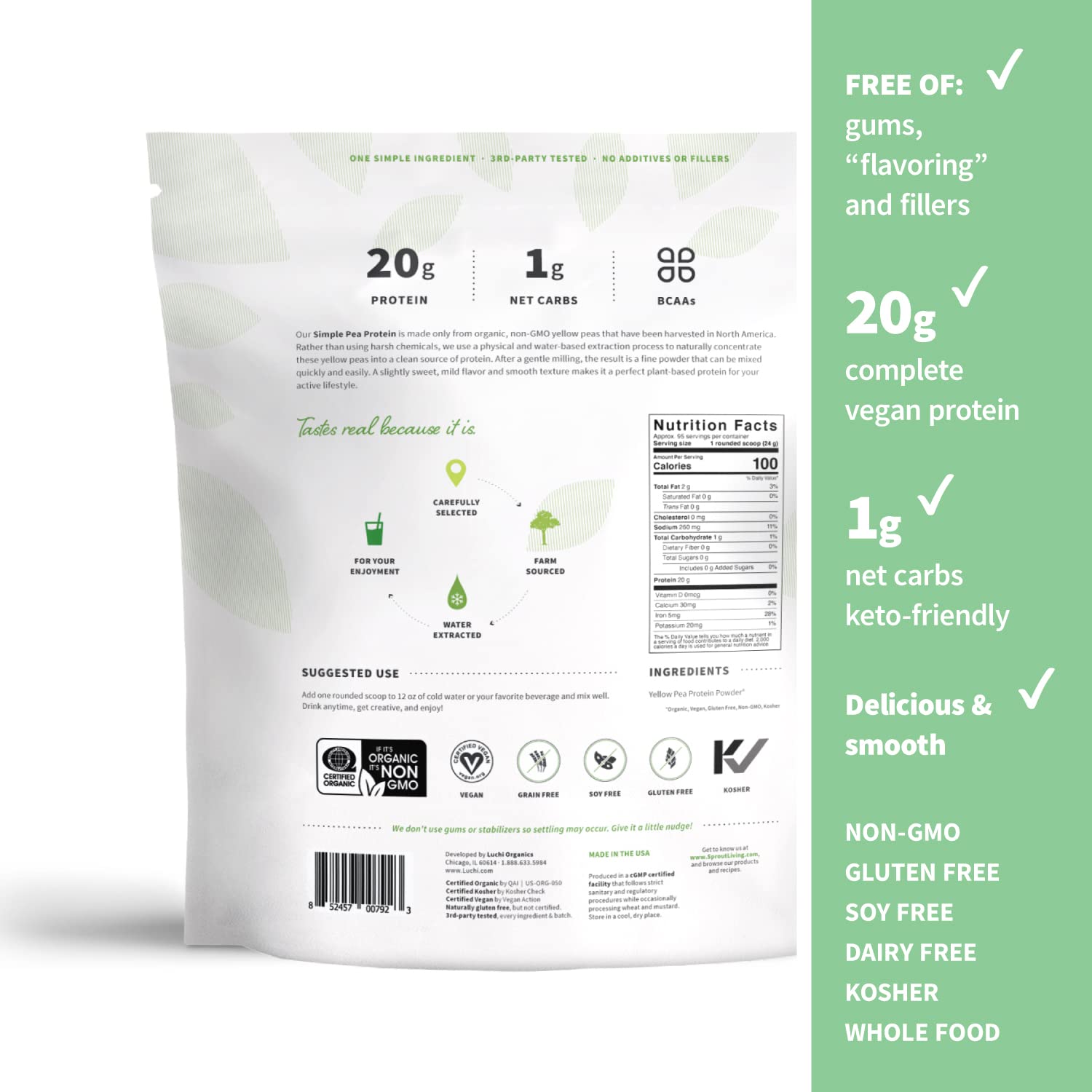 Sprout Living Organic Pea Protein Powder - 5lb | 20g Plant-Based Vegan Protein Powder | Dairy-Free, Non-GMO, Gluten-Free, Keto-Friendly | No Artificial Sweeteners | Perfect for Smoothies, Baking & Post-Workout Recovery
