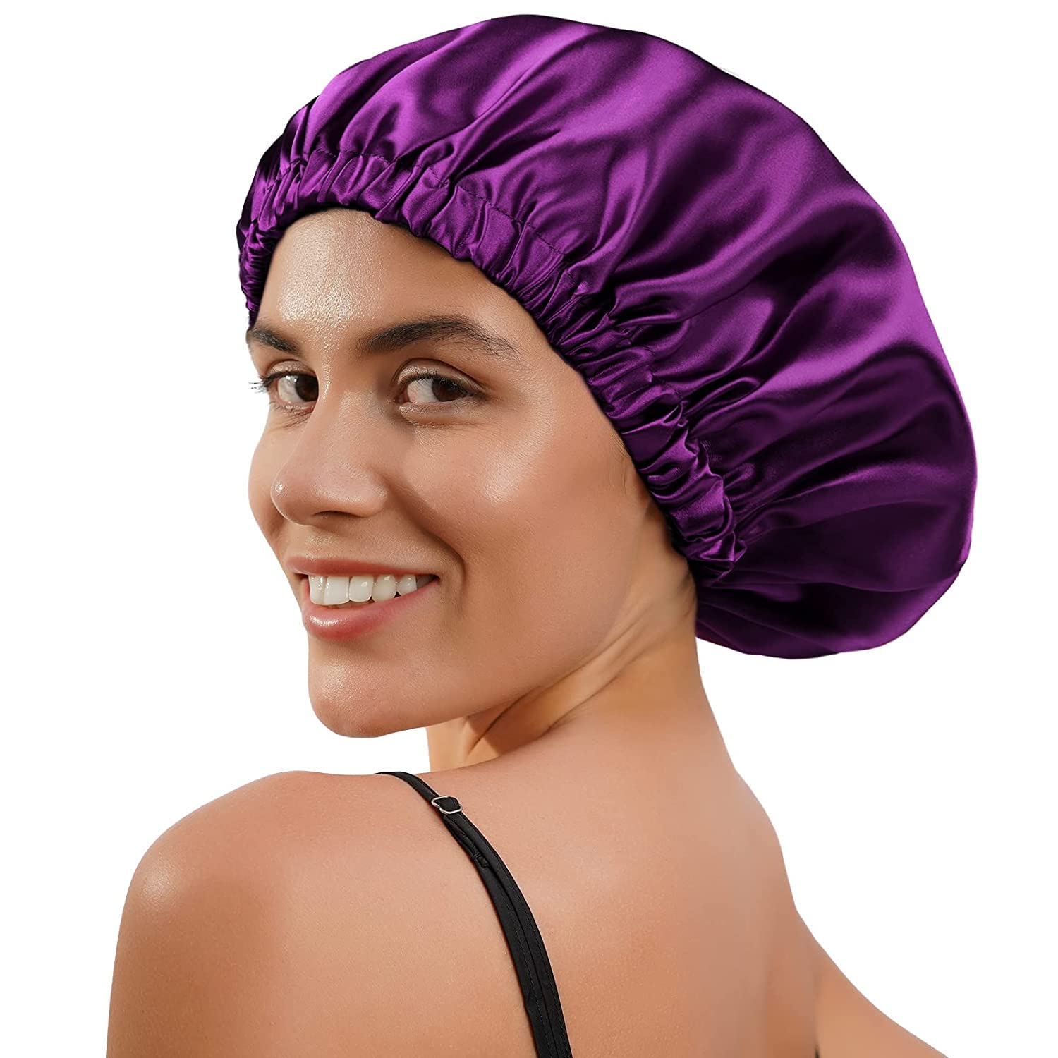 Premium Satin Silk Hair Bonnet & 3 Scrunchies Set - Purple Sleep Cap for Curly & Natural Hair - Hair Wrap for Nighttime Protection & Styling