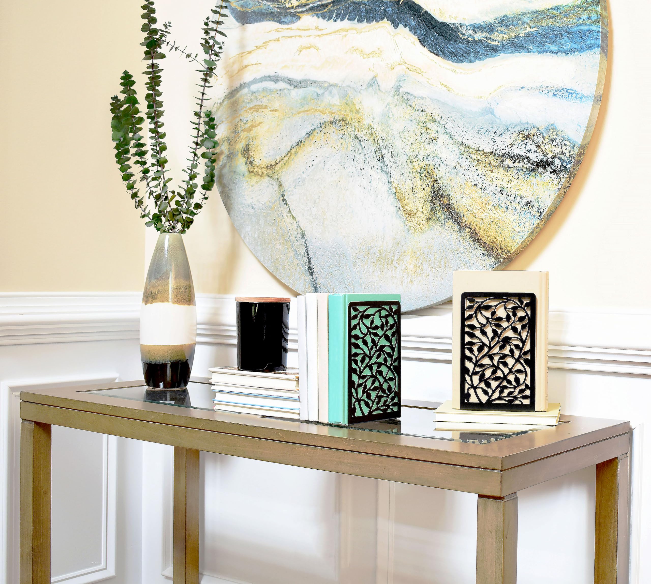 CNK Metal Bookends for Heavy Books - Set of 2 Black Infinite Leaf Design Book Holders for Home Office & Bookshelves - Perfect for Organizing Books, Decorative Display, and Securing Large Volumes