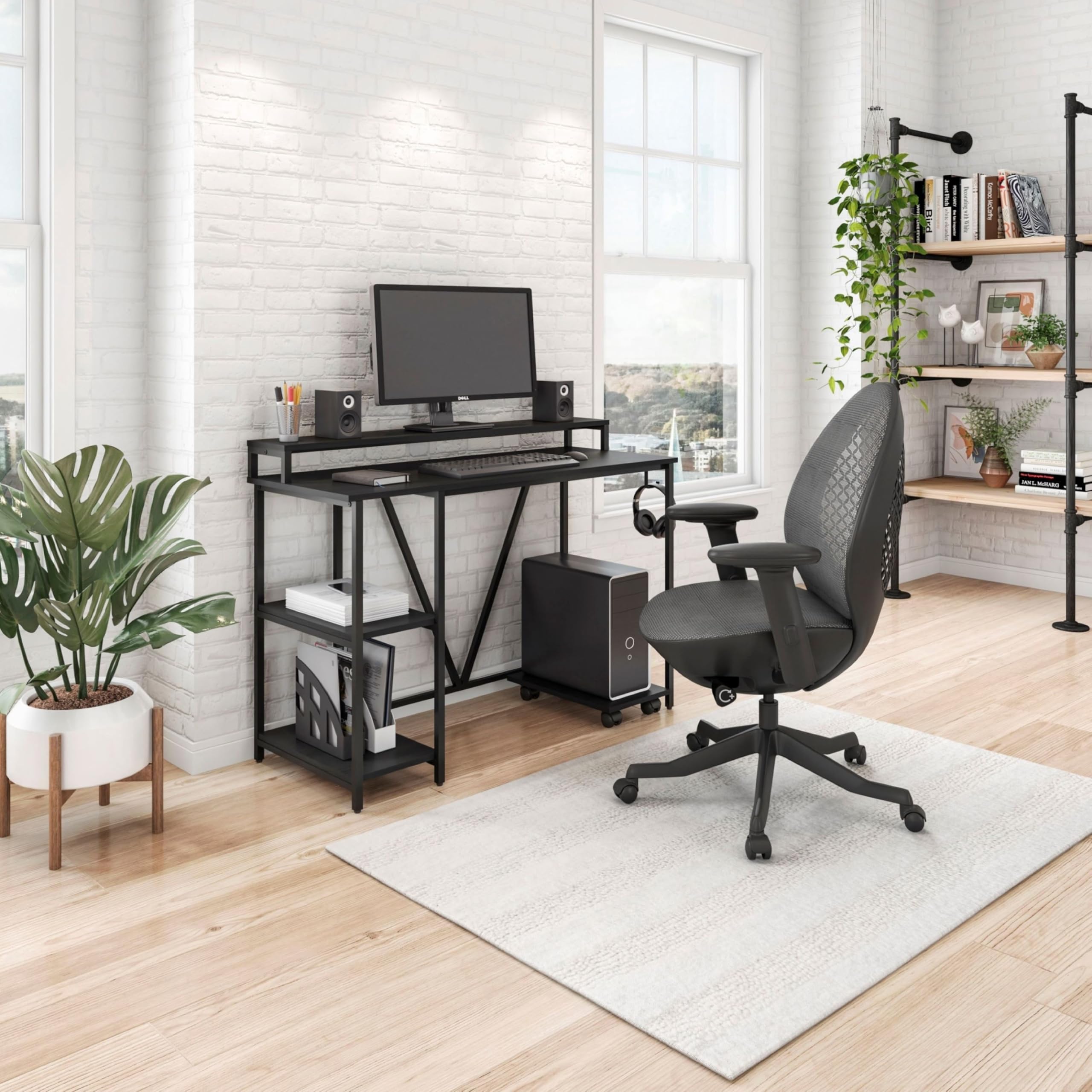 Techni Mobili Industrial Computer Desk with Storage Shelves, Monitor Stand & Accessory Holder - Home Office Laptop Table with CPU Caddy & 2-Tier Bookshelf - Perfect for Small Spaces & Modern Workstations
