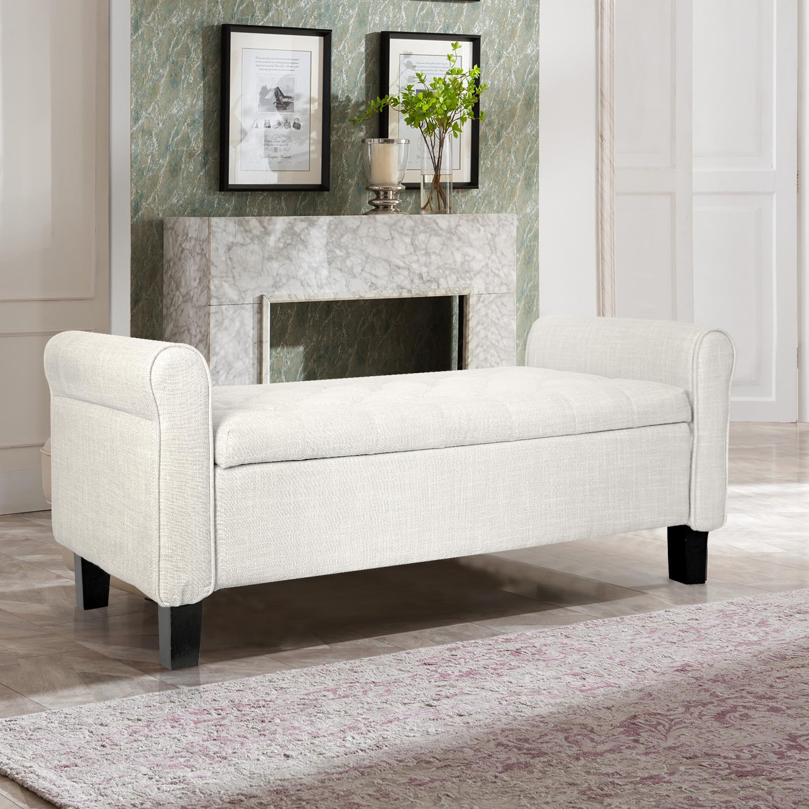 Tufted Storage Ottoman Bench with Arms - Large Upholstered Footrest Seat for Bedroom, Living Room, Entryway & Hallway - Multi-Functional End of Bed Bench with Hidden Storage (Beige) | Perfect for Small Space Organization & Extra Seating
