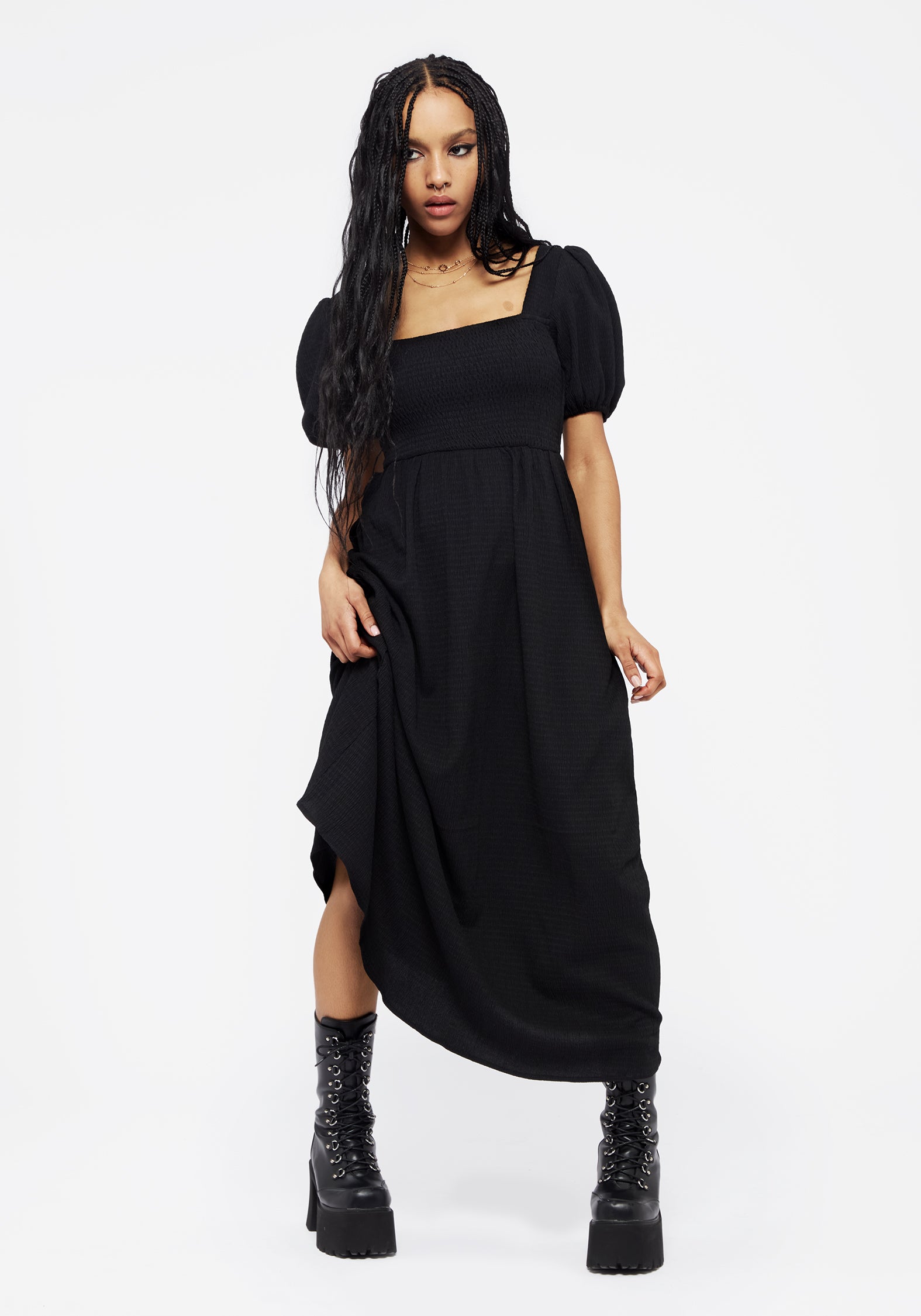 Carmine Midaxi Smock Dress - Black | Flowy Midi Dress for Women | Perfect for Casual Outings, Date Nights & Summer Vacations