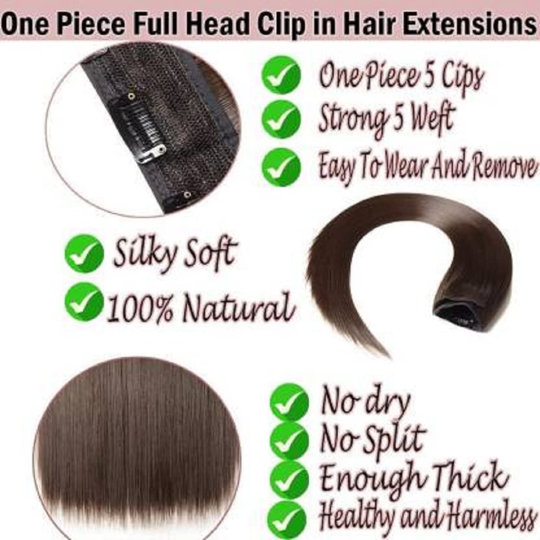 24 Inch Straight Synthetic Hair Extensions for Women - 5 Clip Brown Long Soft Hair Weft (Brown 3) | Perfect for Daily Styling, Cosplay & Special Occasions