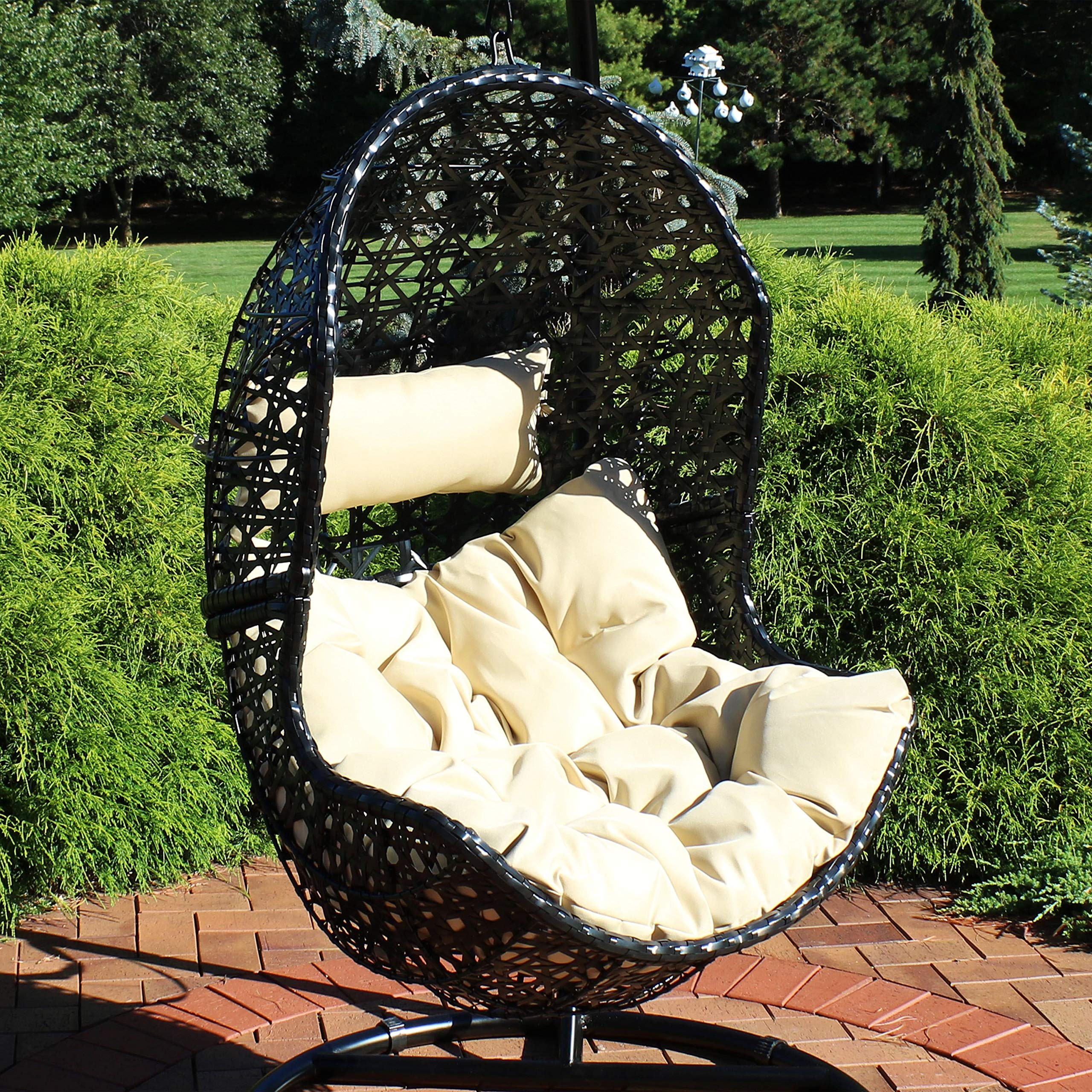 Sunnydaze Lauren Hanging Egg Chair - Outdoor Patio Swing Chair with Beige Cushion, Boho Style Resin Wicker Basket Design - Perfect for Porch, Deck, Balcony, Garden & Backyard Relaxation
