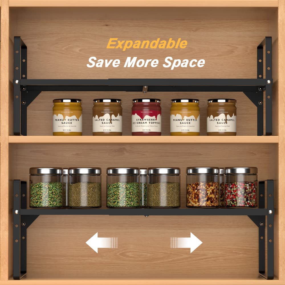 Expandable Cabinet Shelf Organizer - Stackable Kitchen Cupboard & Pantry Storage Shelf - Black Spice Rack Set of 4 (8.07