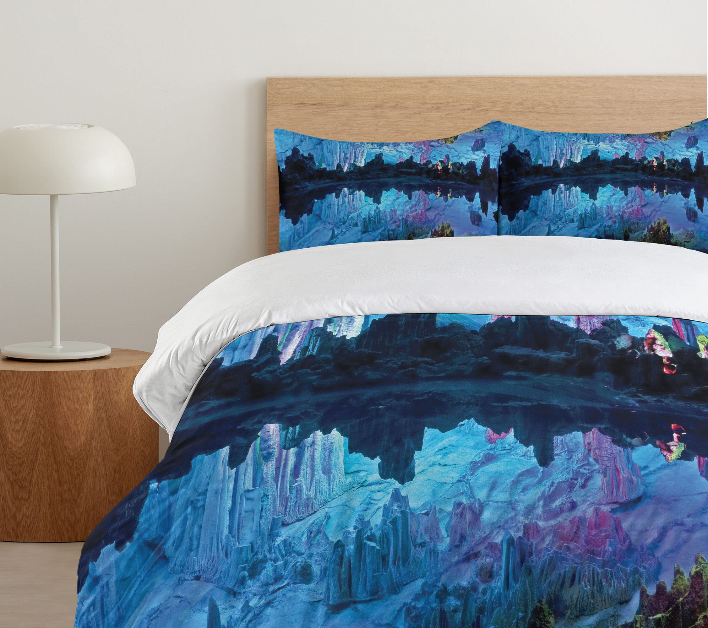 Ambesonne Natural Cave Duvet Cover Set - Reed Flute Cistern Crystal Palace Mystical Space Print 3-Piece Bedding Set with 2 Pillow Shams, California King Size, Blue | Cave-Themed Bedroom Decor for Fantasy & Nature Lovers