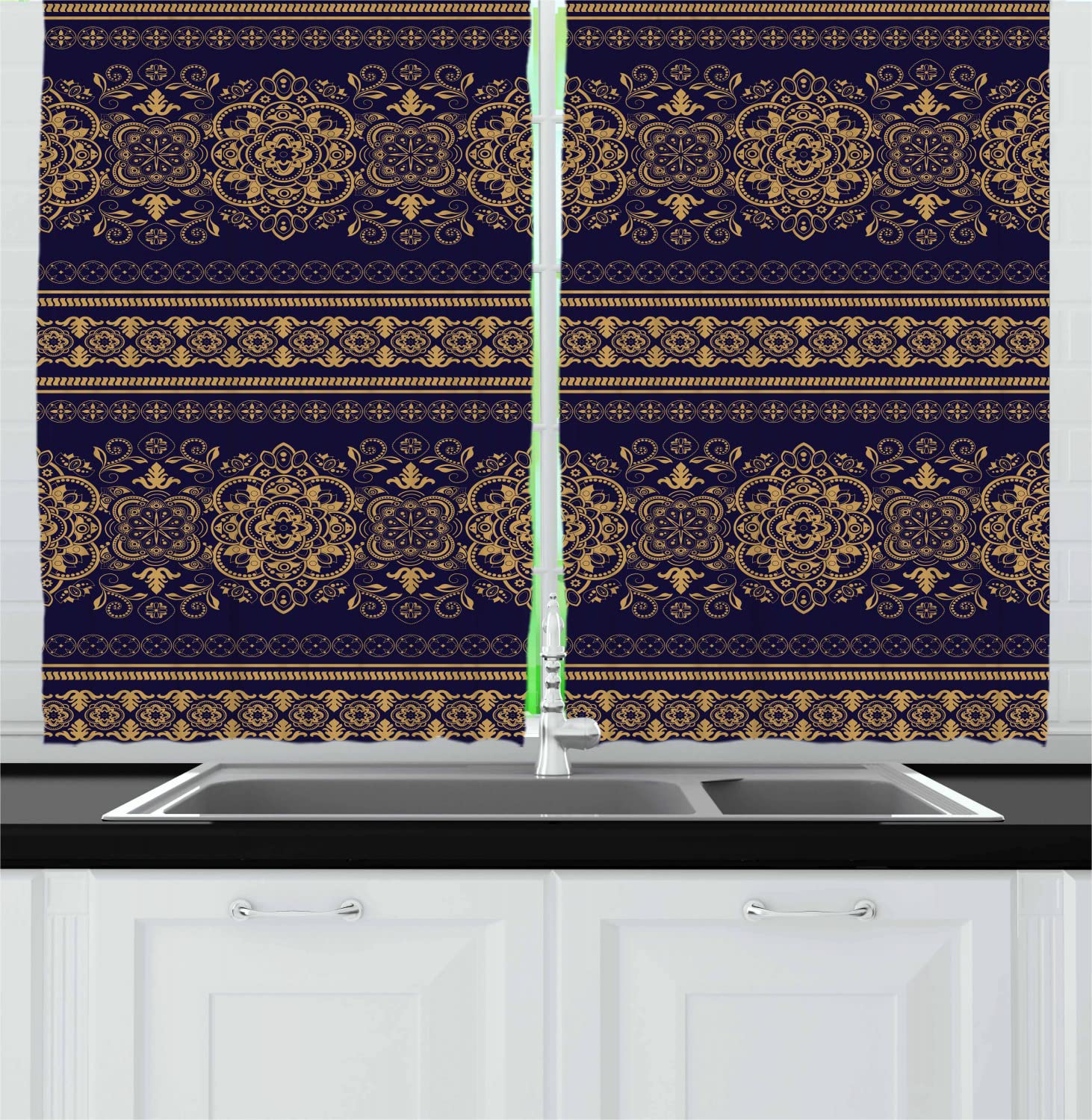 Ambesonne Turkish Pattern Long Kitchen Curtains - Damask Style Medieval Floral Design with Detailed Horizontal Borders - 2 Panel Rod Pocket Drapes for Living Room & Dining Room Decor - 55