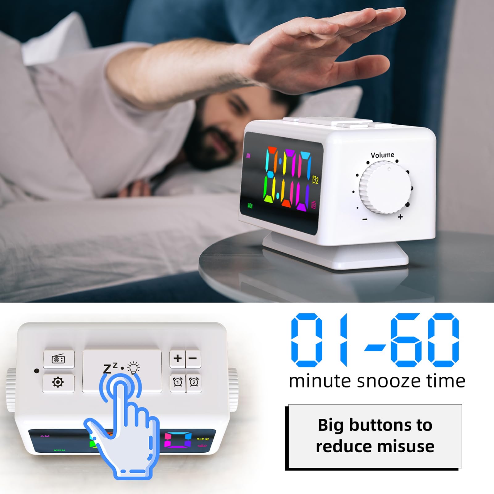 ThreeH RGB LED Alarm Clock with FM Radio, 12/24H Time Display, Dual USB Charging Ports & Adjustable Brightness - Perfect for Bedrooms, Kids Rooms & Seniors | White