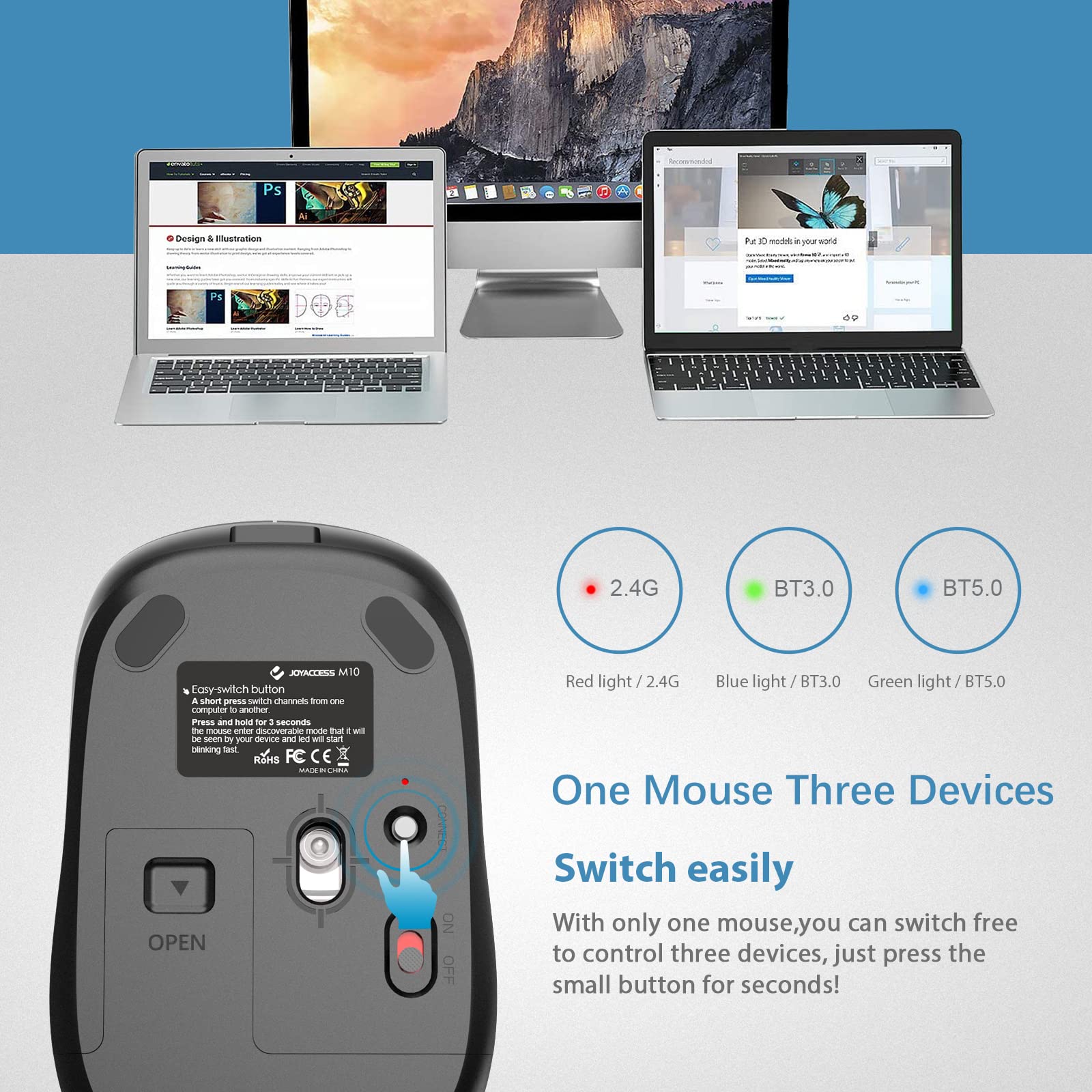 JOYACCESS J 2.4G无线蓝牙鼠标双模版(蓝牙5.0/3.0+USB)，适用于笔记本电脑、MacBook、Windows、MacOS、Android，铁灰色，办公学习游戏多场景通用